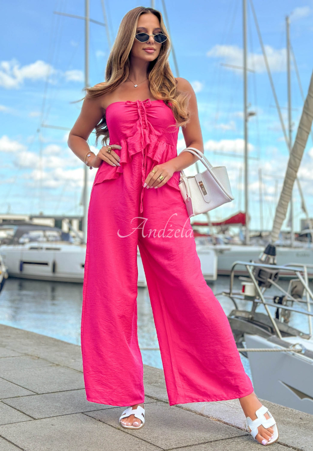 Long viscose jumpsuit with tie-front and ruffle by By The Sea in fuchsia