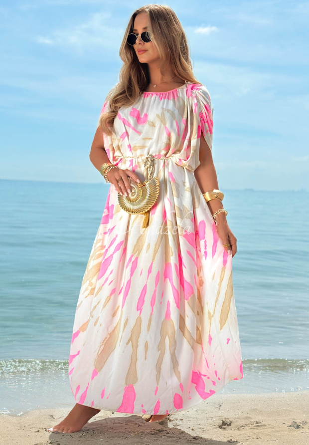 Summer Dance Beige and Pink Tie-Dye Viscose Maxi Dress with Straps