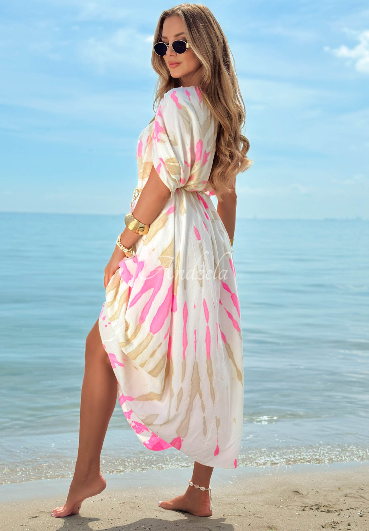 Summer Dance Beige and Pink Tie-Dye Viscose Maxi Dress with Straps