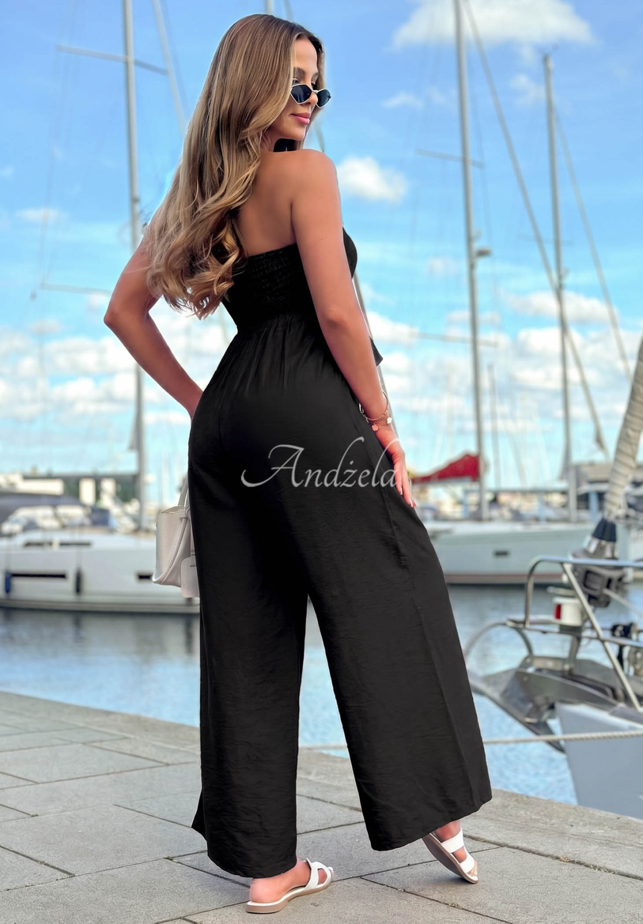 By The Sea Long Viscose Jumpsuit with Tie and Ruffles, Black