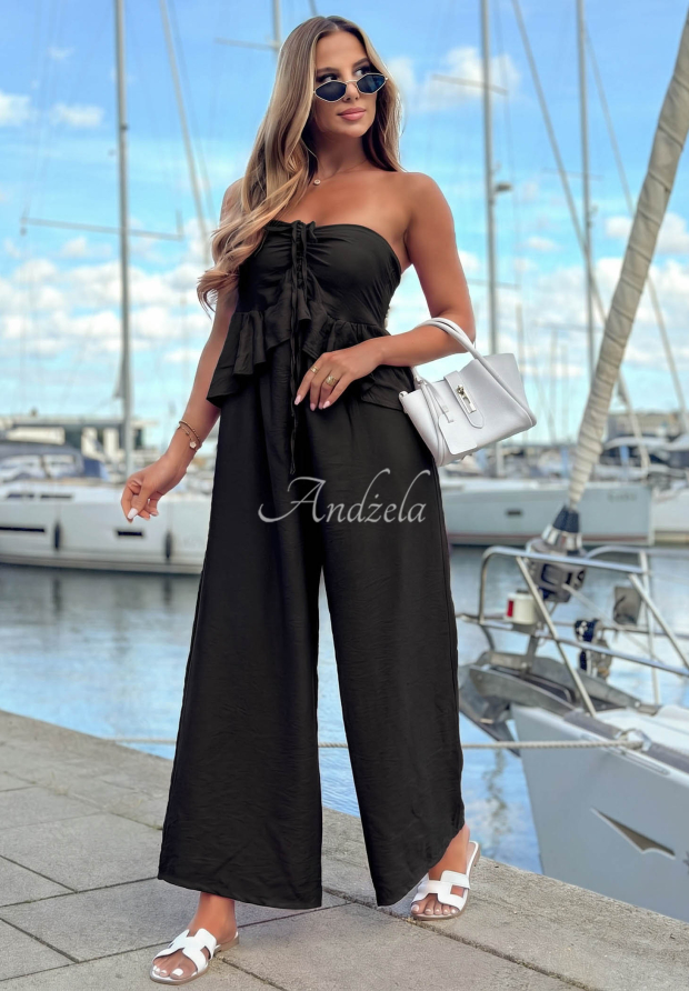 By The Sea Long Viscose Jumpsuit with Tie and Ruffles, Black