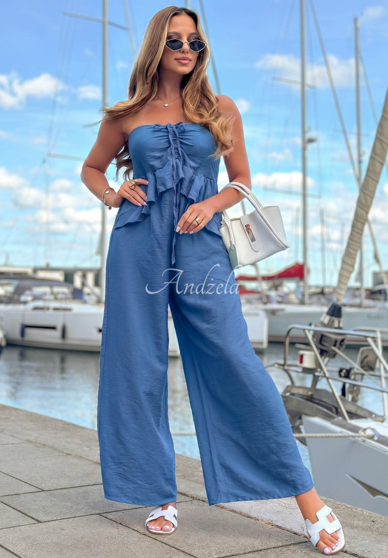 By The Sea Long Viscose Jumpsuit with Tie and Ruffles, Blue