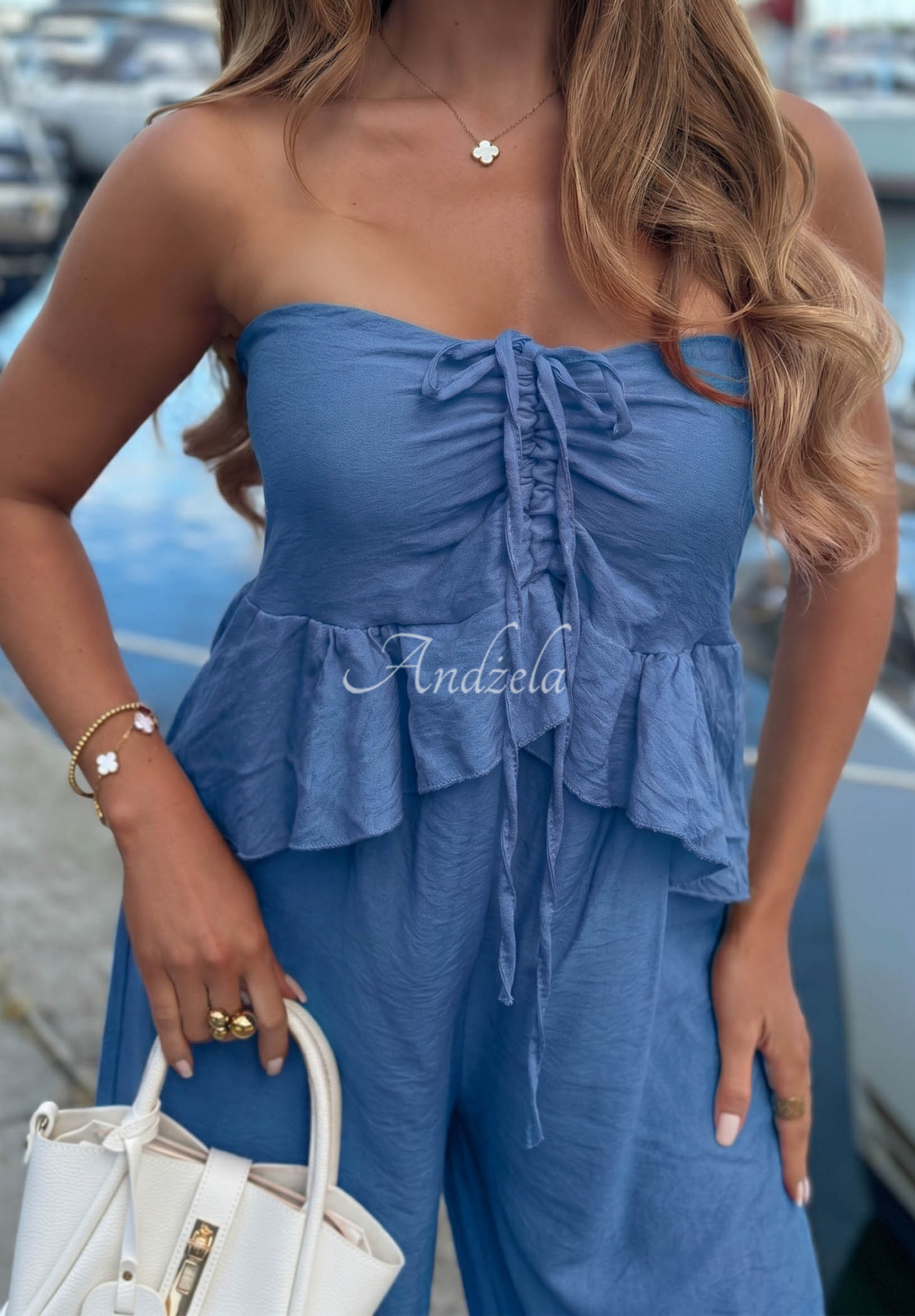By The Sea Long Viscose Jumpsuit with Tie and Ruffles, Blue