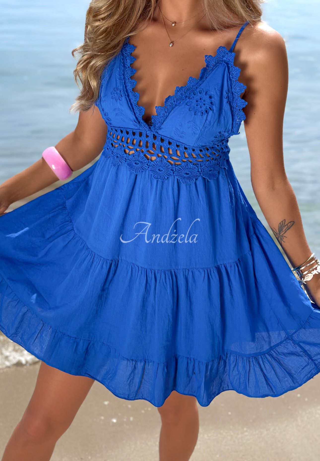 Bawełniana Dress mini na ramiączkach z koronką Pearl Bay cobalt