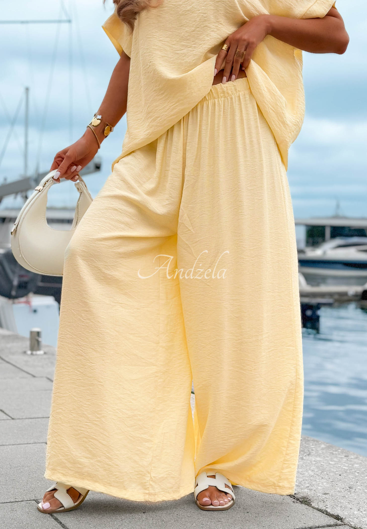 Wiskozowy komplet bluzka oversize i spodnie wide leg Amalfi Getaway żółty