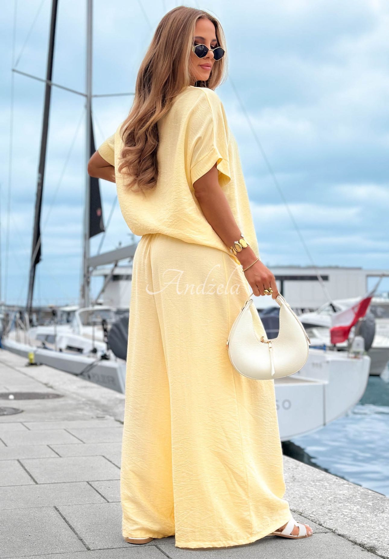 Komplet bluzka oversize i spodnie wide leg Amalfi Getaway żółty