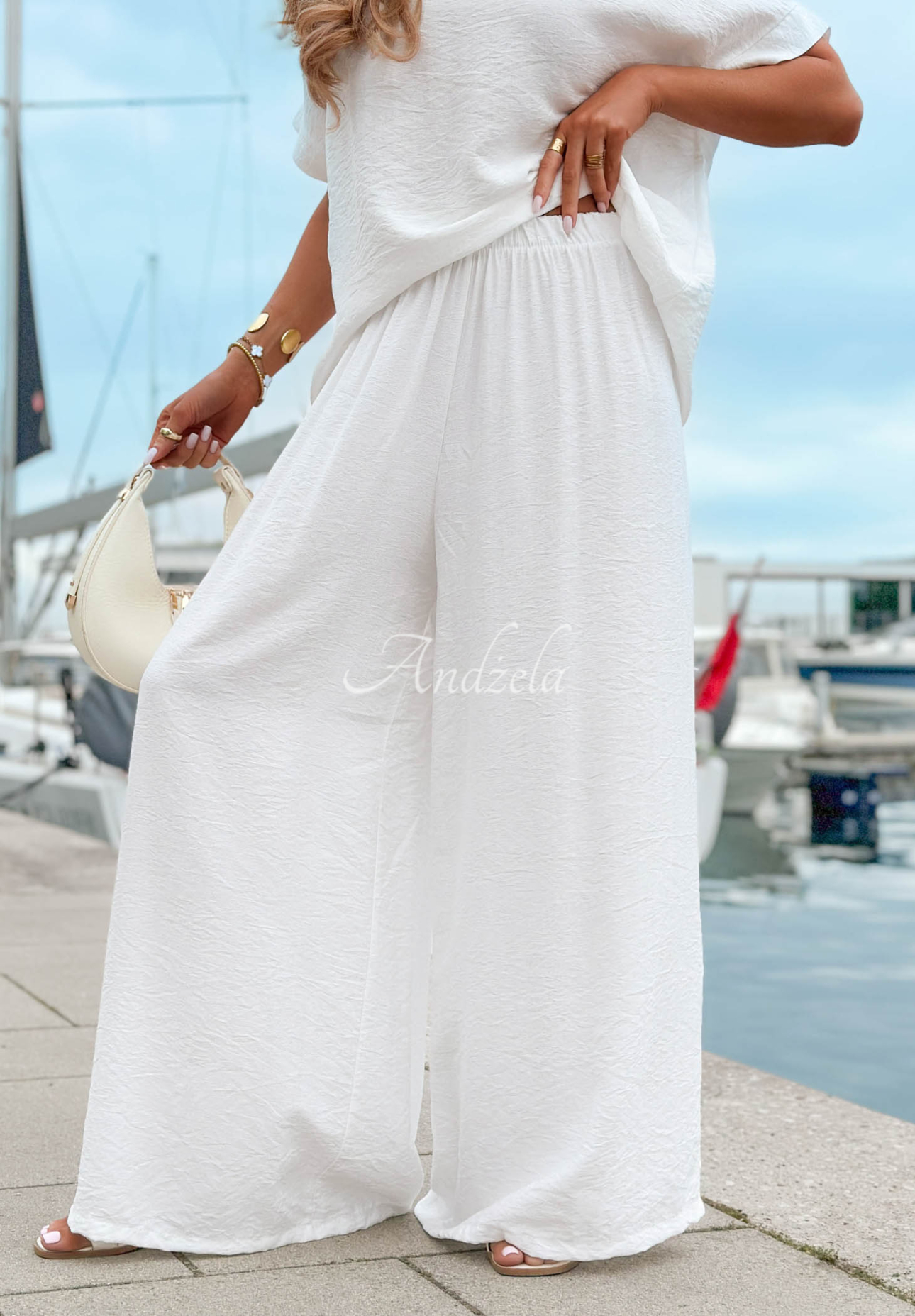 Wiskozowy komplet bluzka oversize i spodnie wide leg Amalfi Getaway ecru
