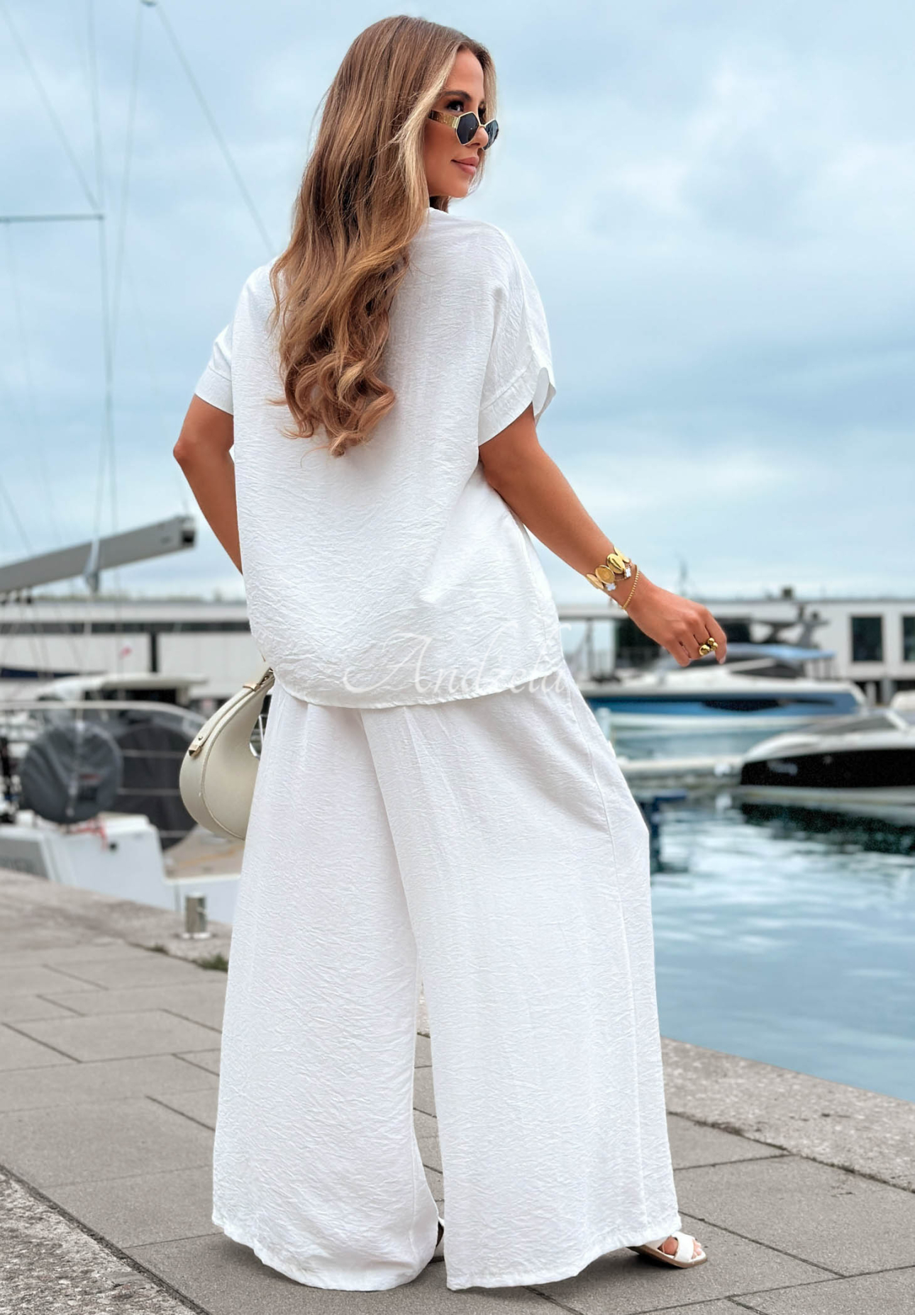 Wiskozowy komplet bluzka oversize i spodnie wide leg Amalfi Getaway ecru