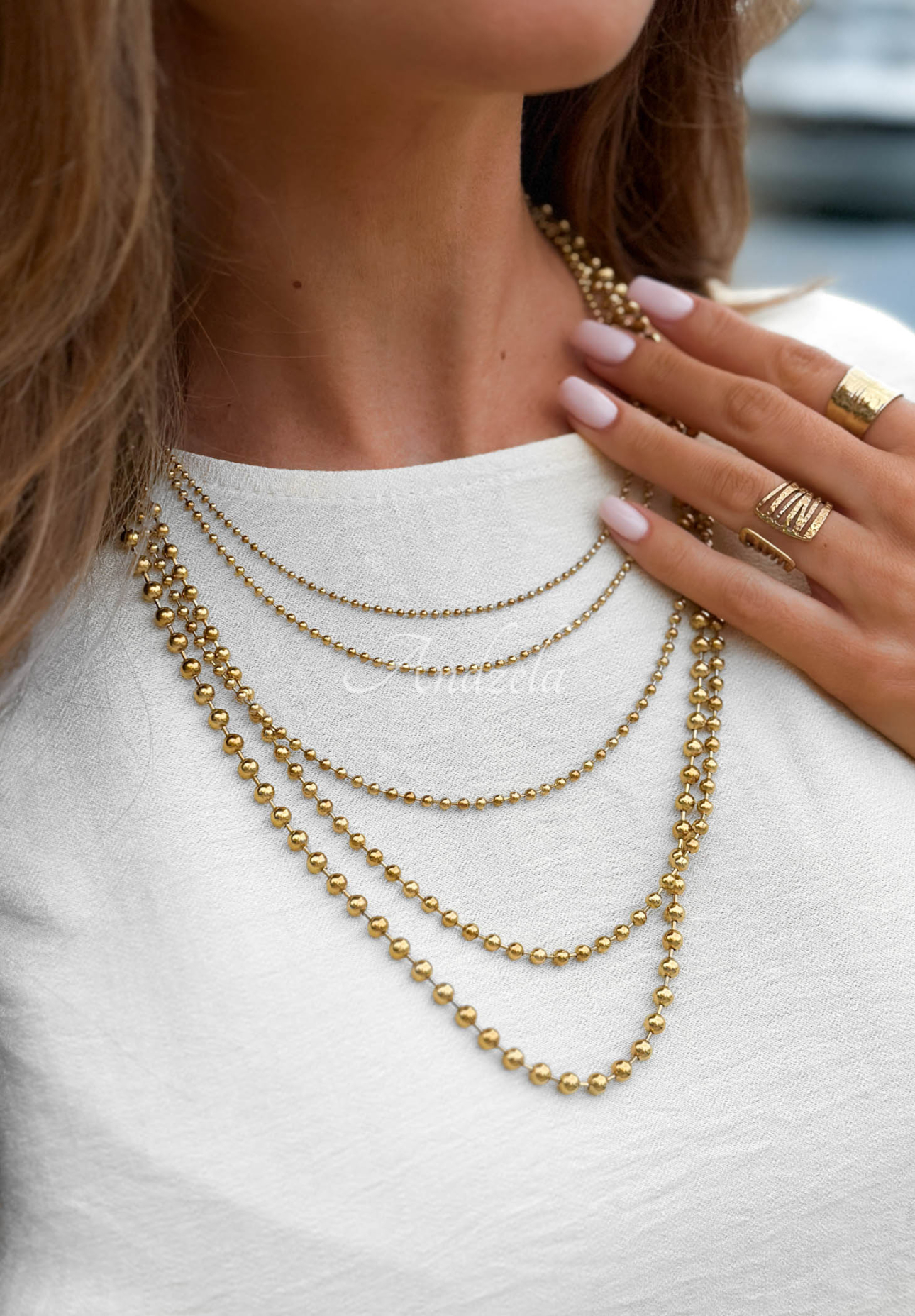Ball Chain Necklace with Decorative Beads, Gold