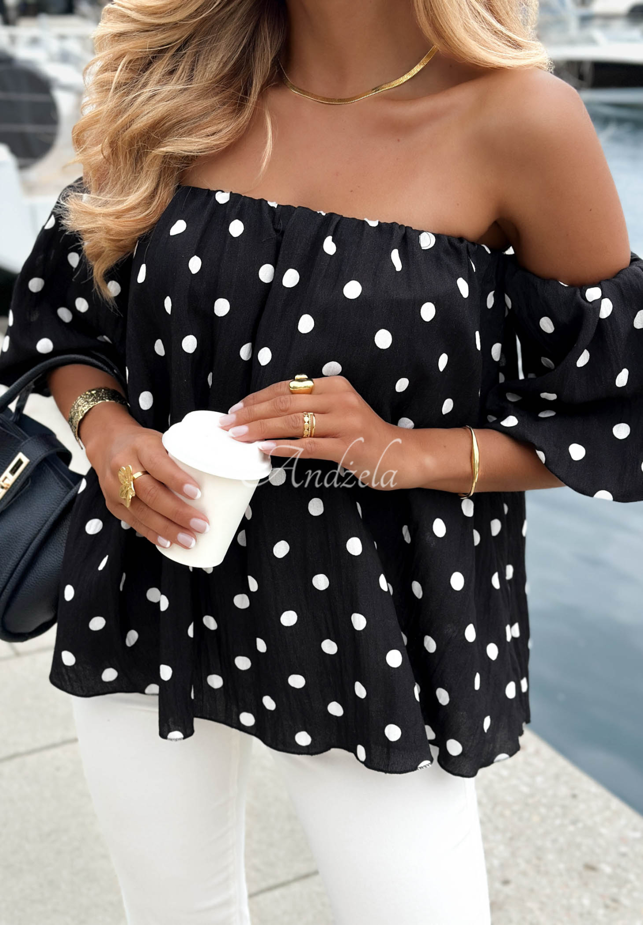 Retro Romance Black Polka-Dot Off-the-Shoulder Cotton Blouse