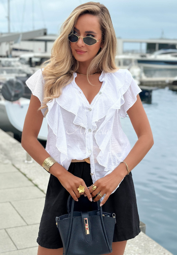 One More Time White Cotton Blouse with Ruffles
