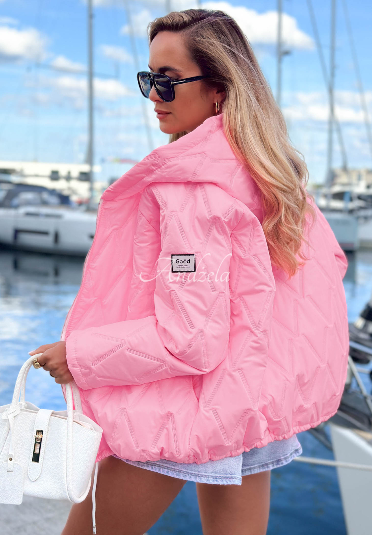Springtime Starts short quilted jacket with hood, pink