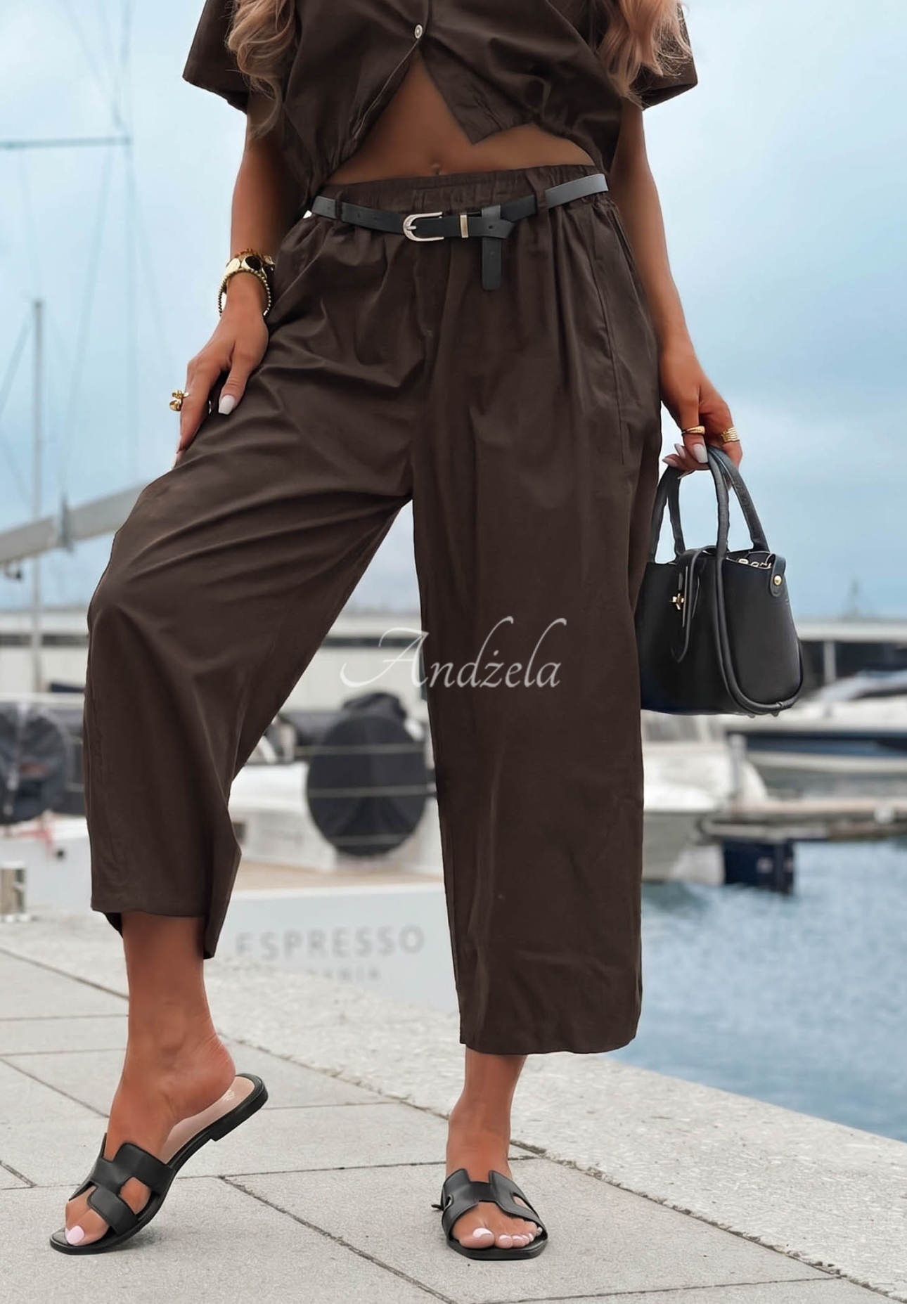 Somewhere Sunny Chocolate-Colored Cotton Shirt and Pants Set