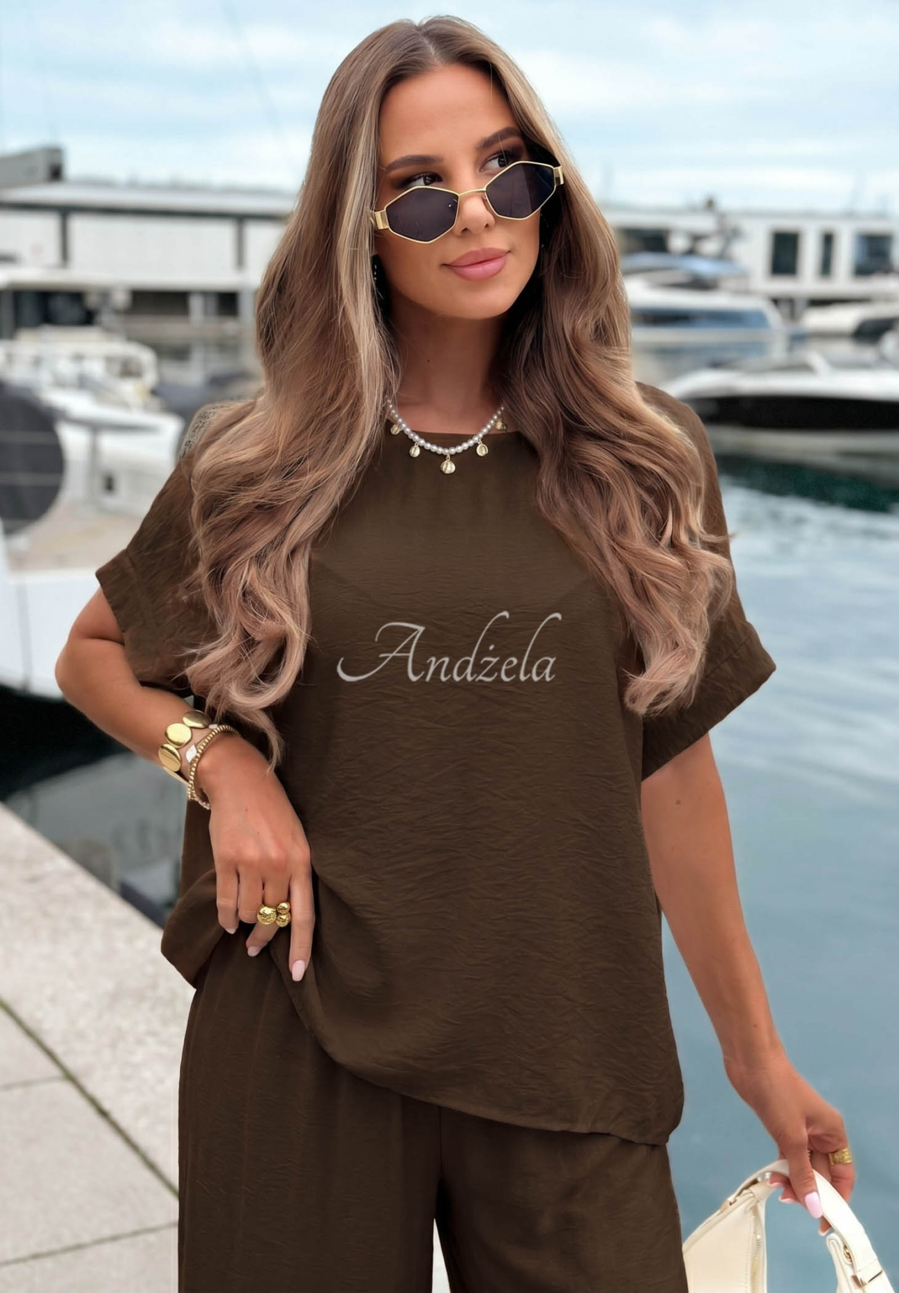 Komplet bluzka oversize i spodnie wide leg Amalfi Getaway czekoladowy