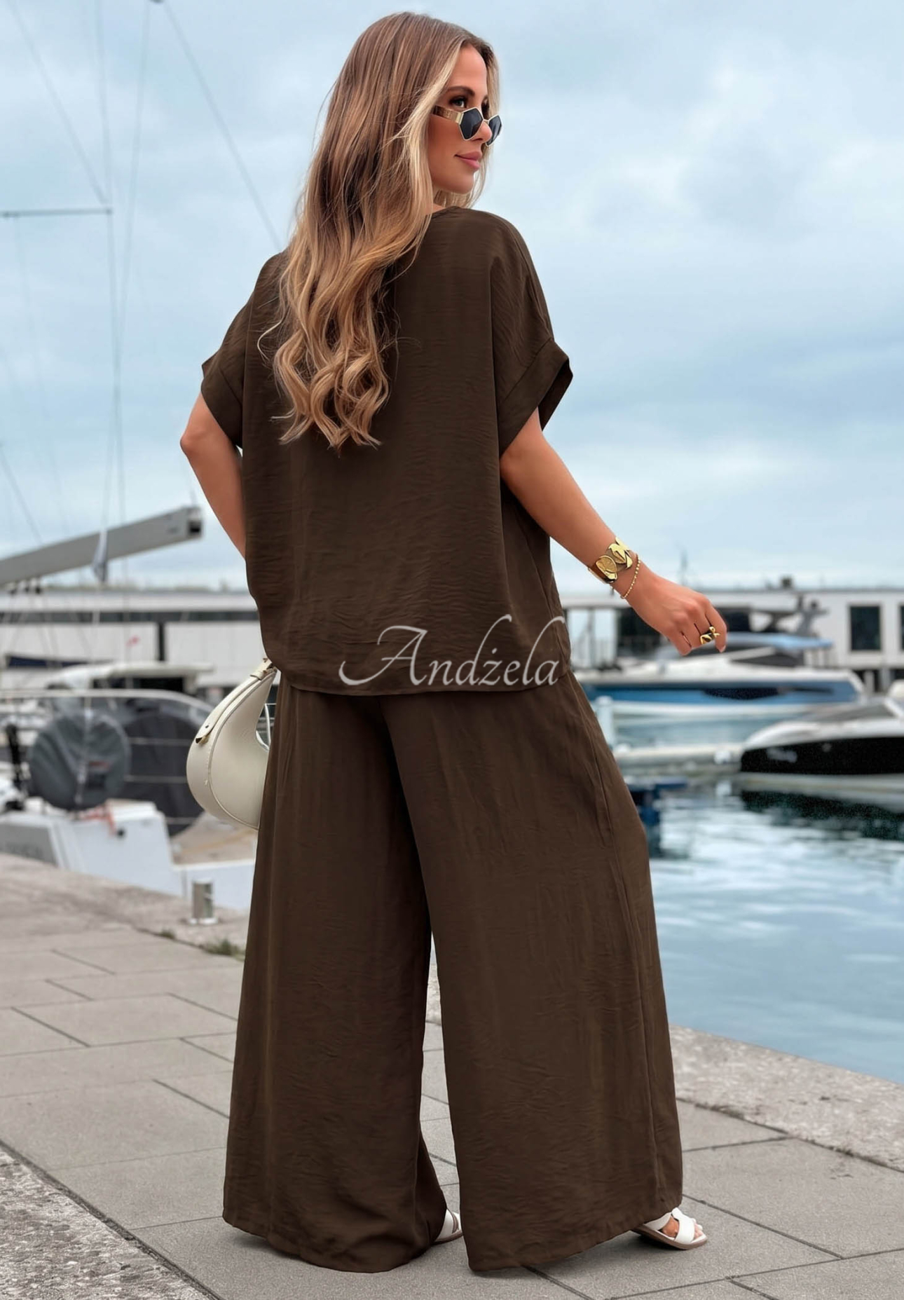 Komplet bluzka oversize i spodnie wide leg Amalfi Getaway czekoladowy