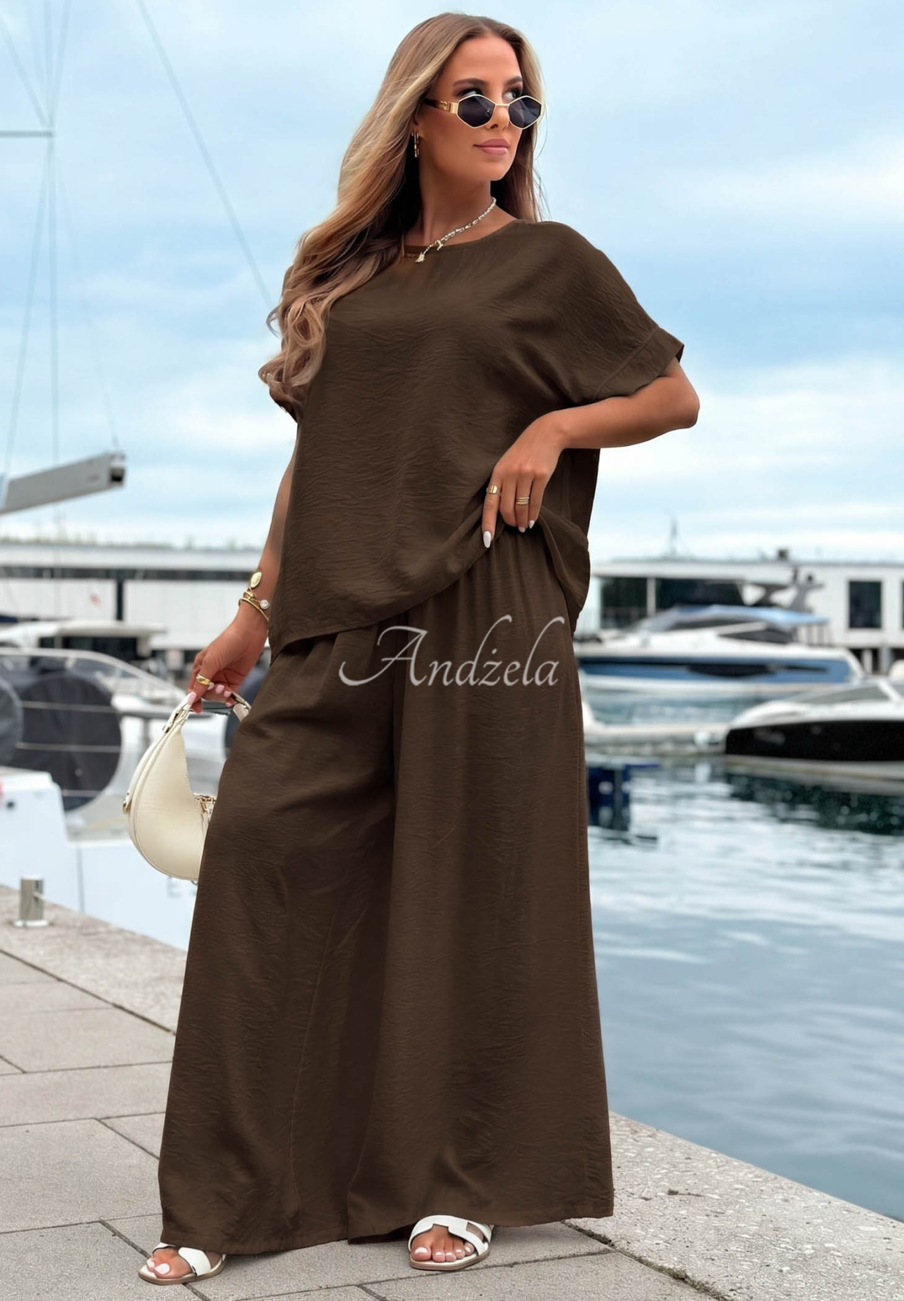 Amalfi Getaway Chocolate-Colored Viscose Set: Oversized Blouse and Wide-Leg Pants