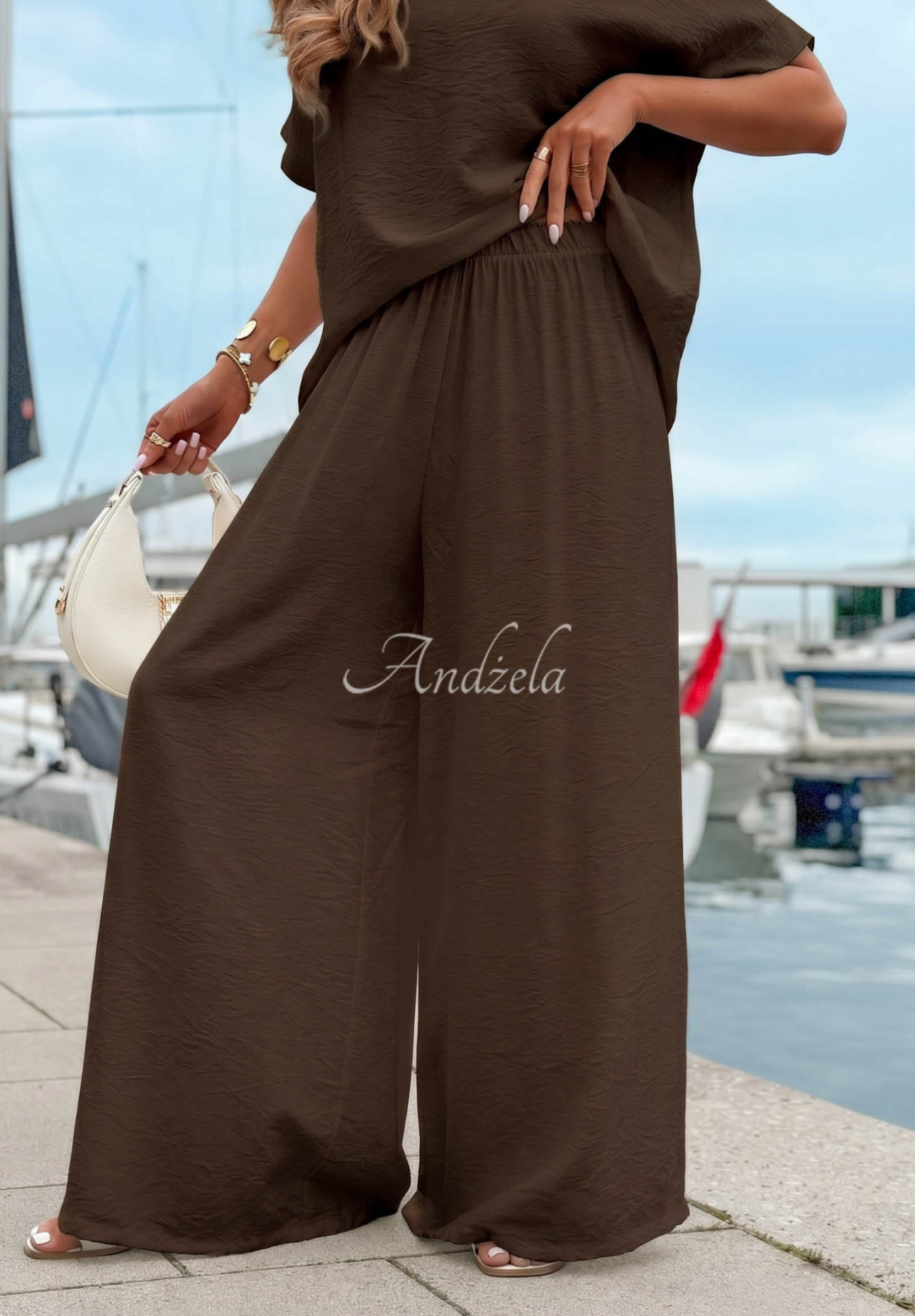 Amalfi Getaway Chocolate-Colored Viscose Set: Oversized Blouse and Wide-Leg Pants