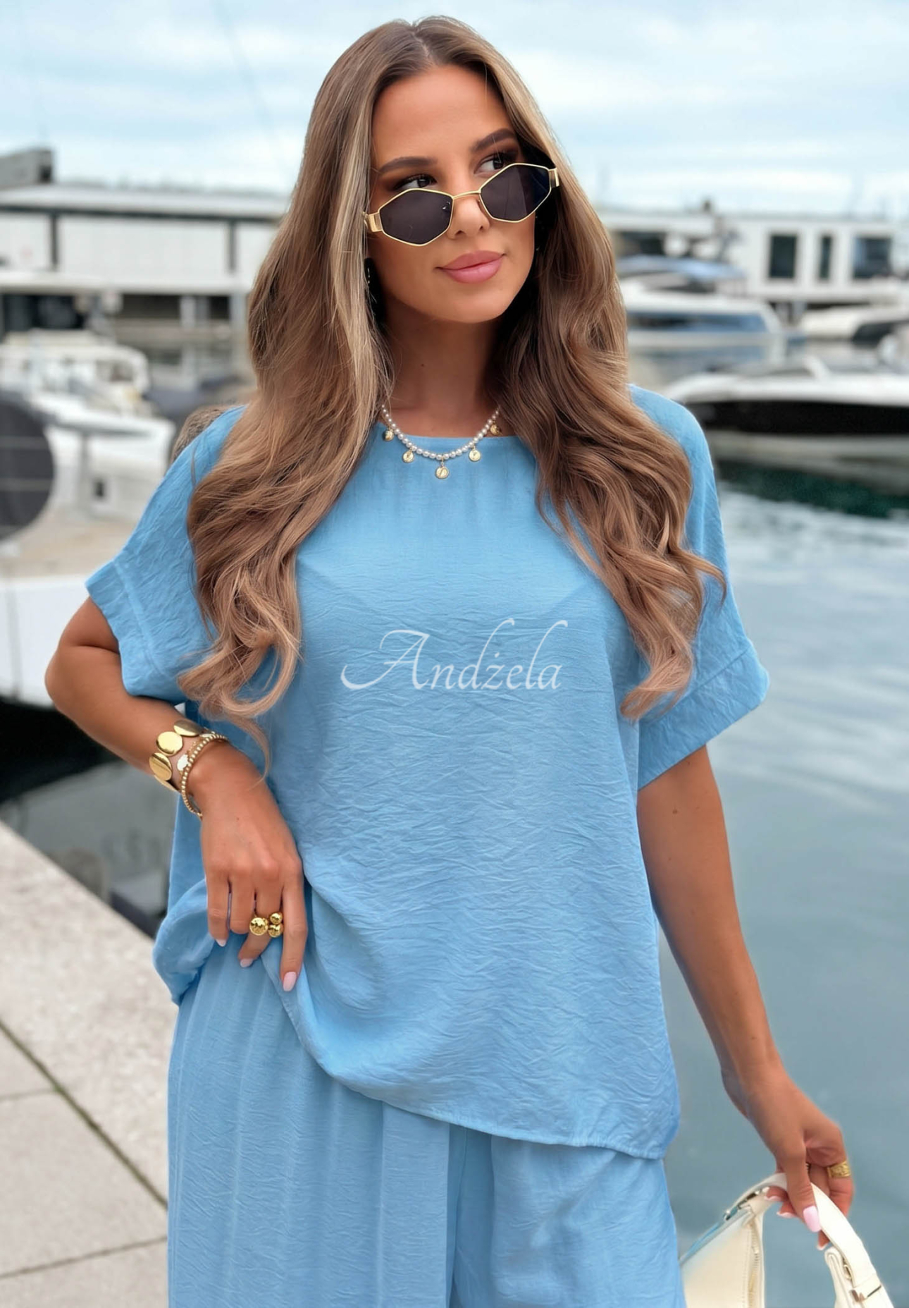 Komplet bluzka oversize i spodnie wide leg Amalfi Getaway błękitny