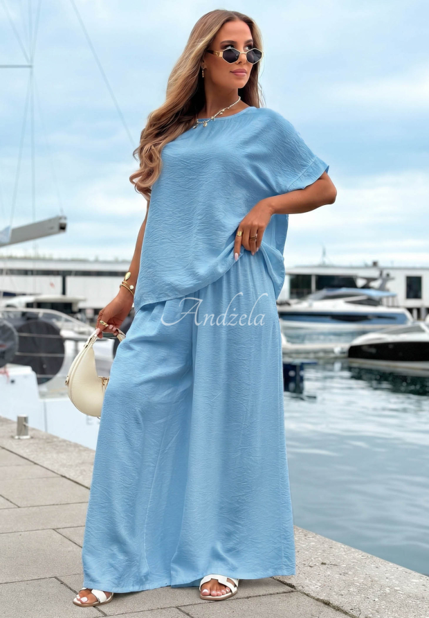 Amalfi Getaway Oversized Blouse and Wide-Leg Pants Set in Sky Blue