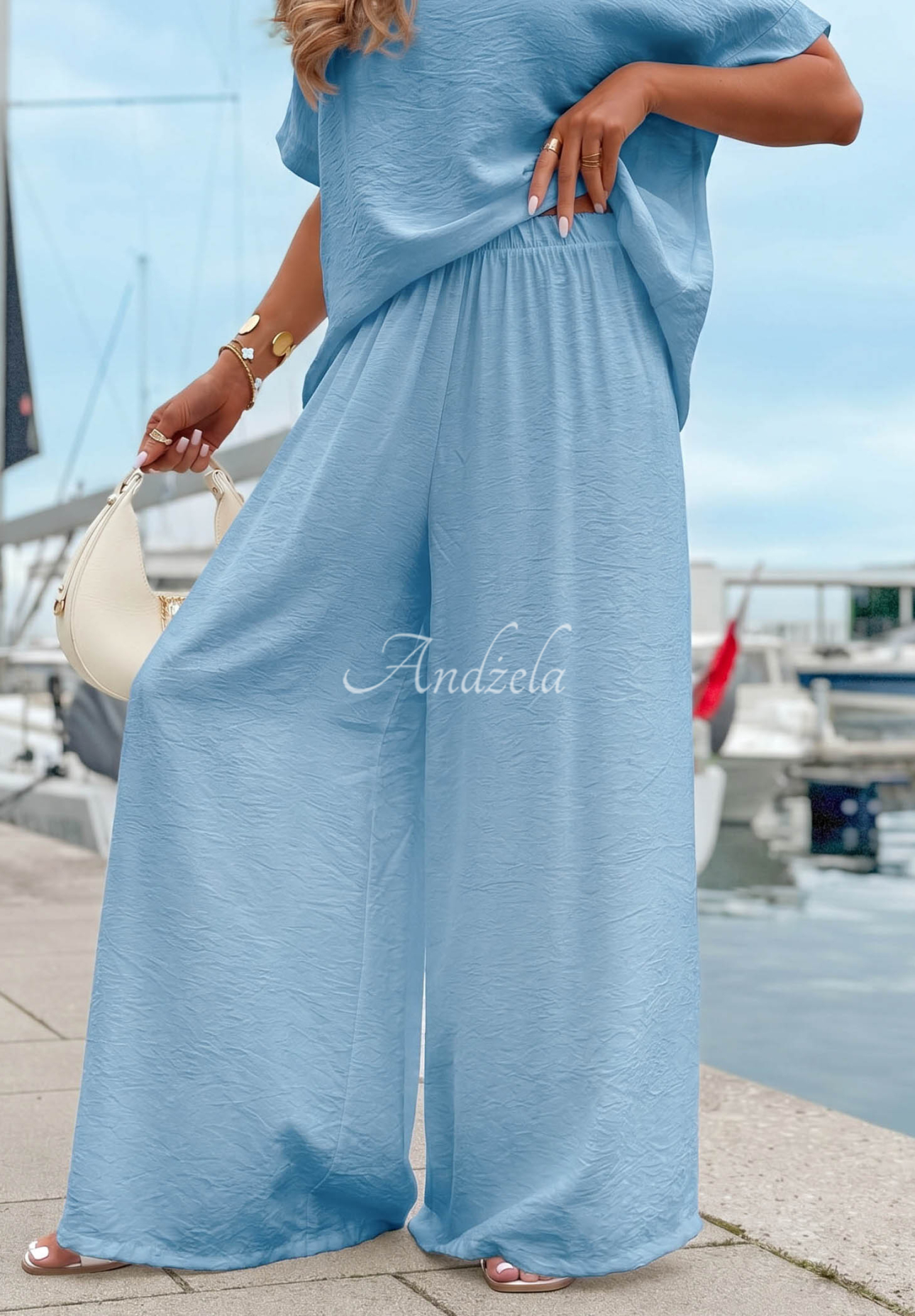Komplet bluzka oversize i spodnie wide leg Amalfi Getaway błękitny