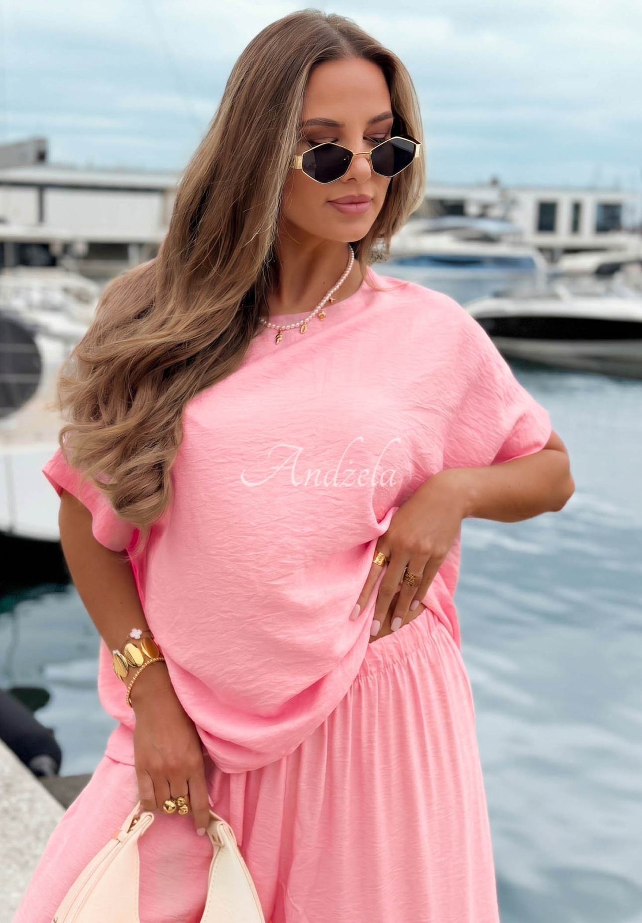 Amalfi Getaway Pink Viscose Set: Oversized Blouse and Wide-Leg Pants