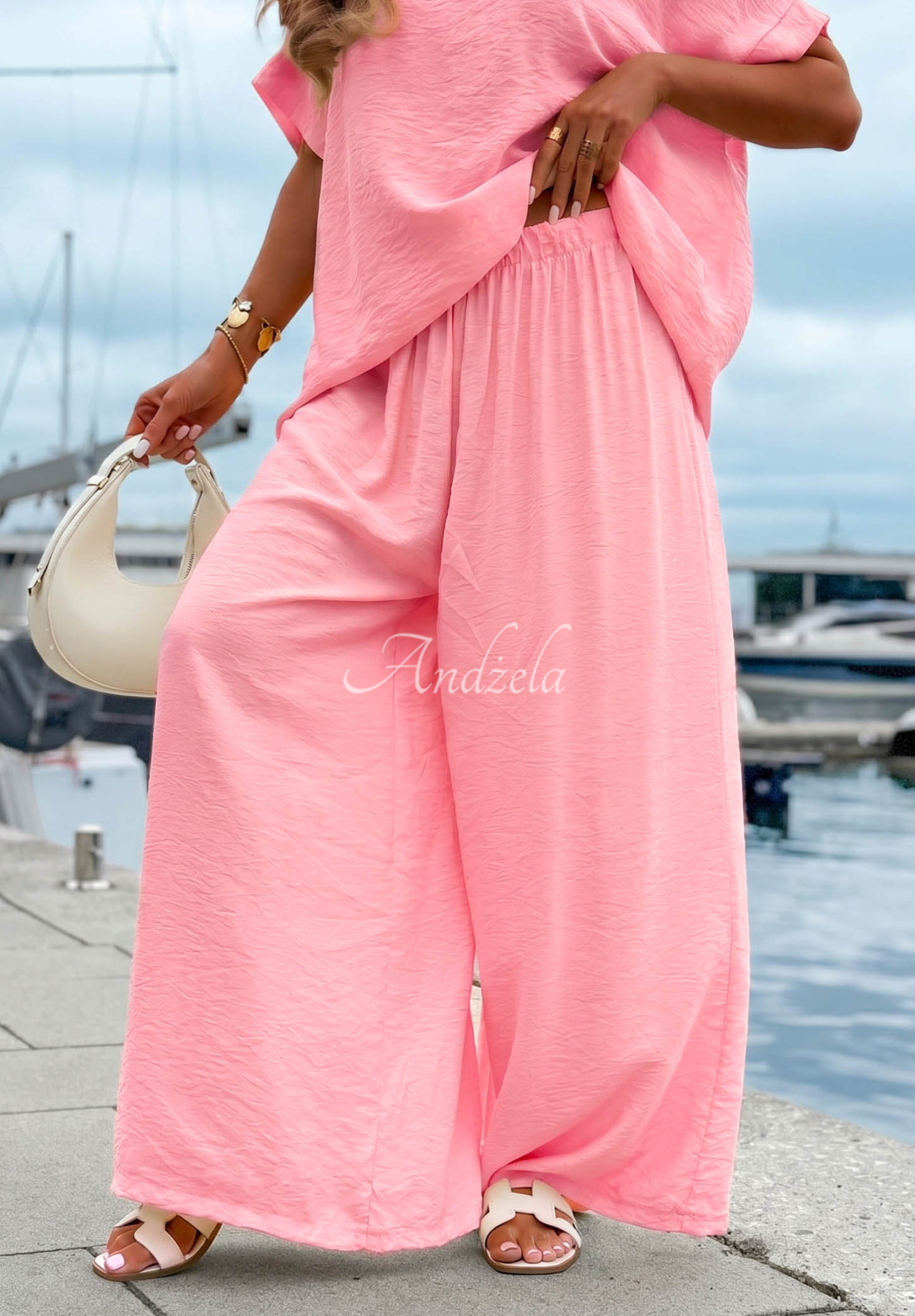 Wiskozowy komplet bluzka oversize i spodnie wide leg Amalfi Getaway różowy