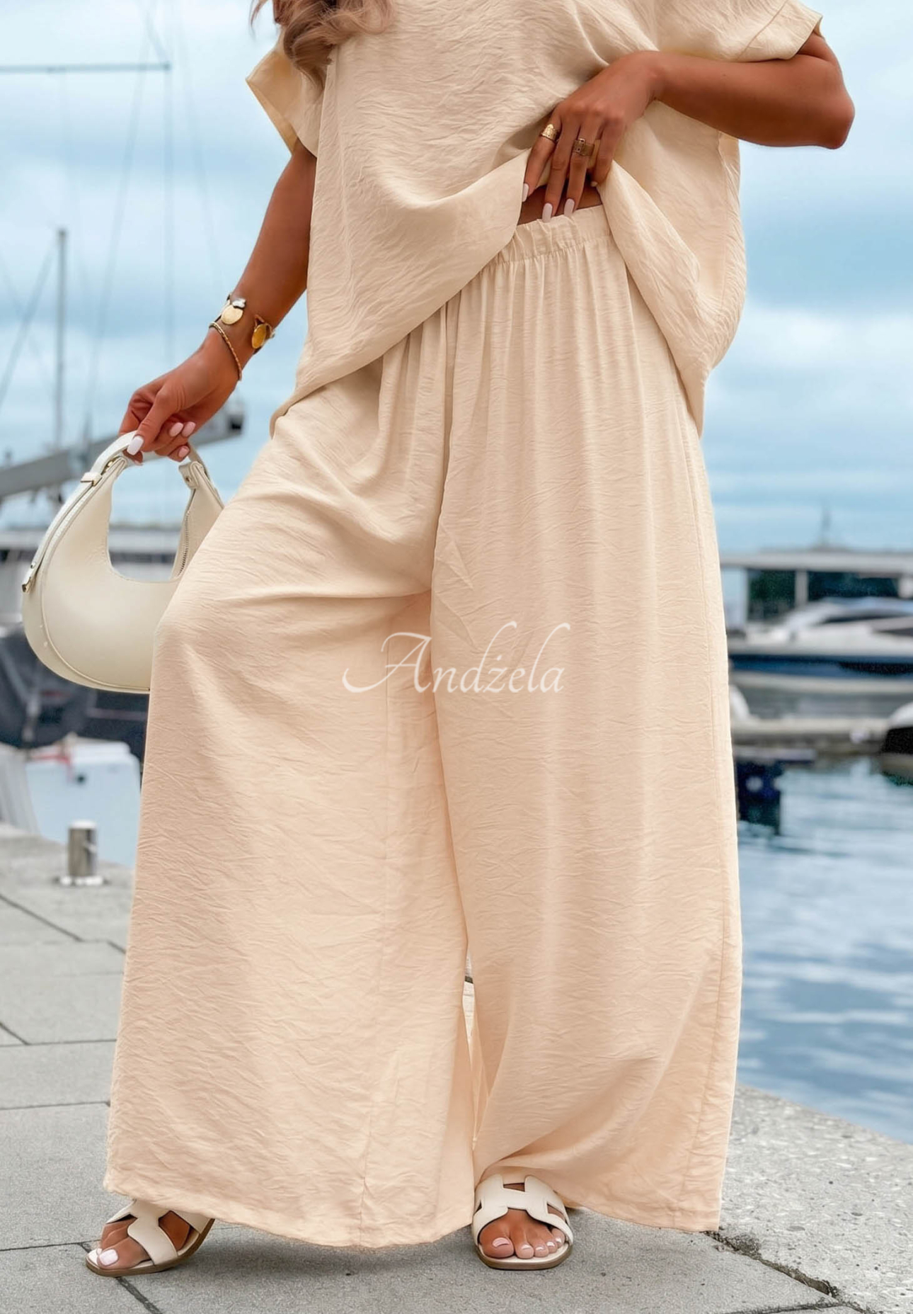 Komplet bluzka oversize i spodnie wide leg Amalfi Getaway beżowy