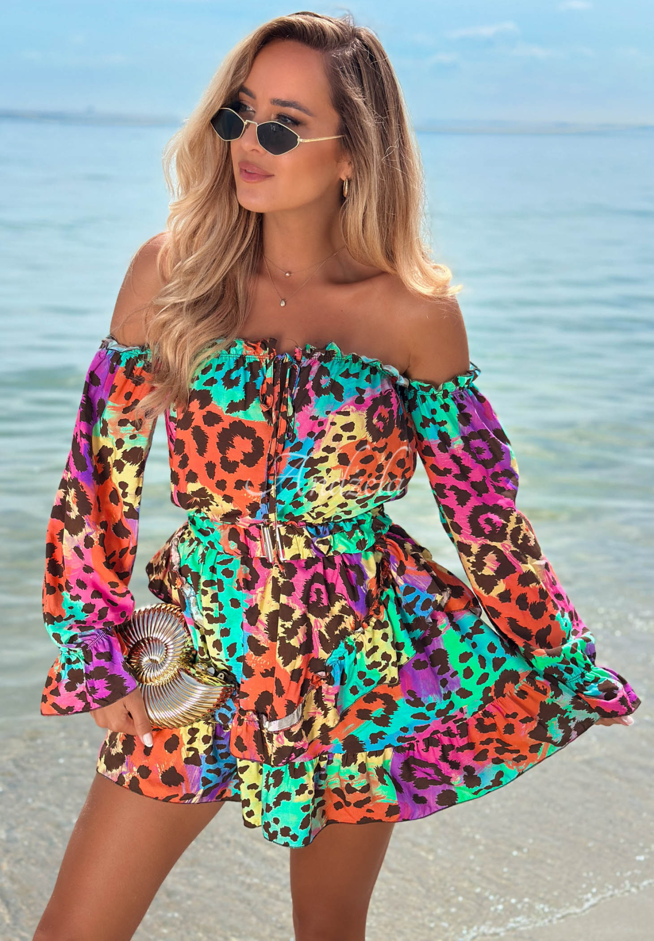 Short wiskozowy Jumpsuit Spanish style dress leopard print Wild Colors turkusowo-orange