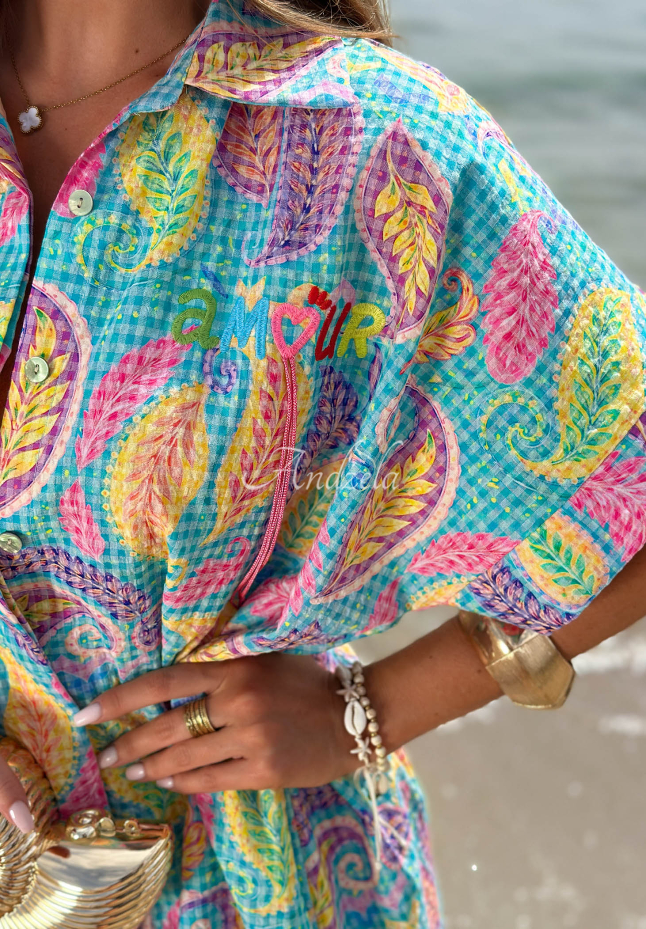 Colored Leaf Turquoise Patterned Cotton Shirt Dress