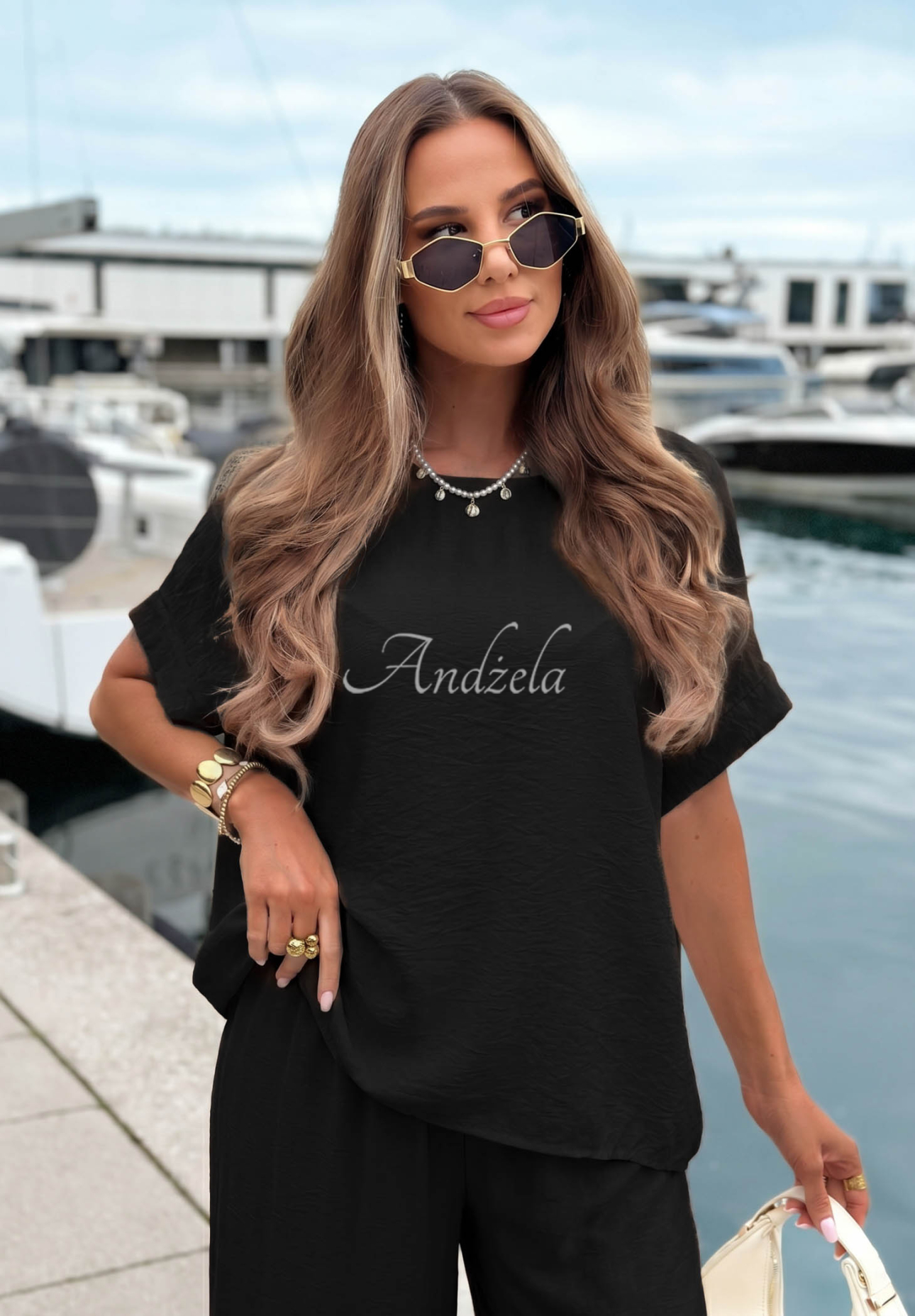 Wiskozowy komplet bluzka oversize i spodnie wide leg Amalfi Getaway czarny