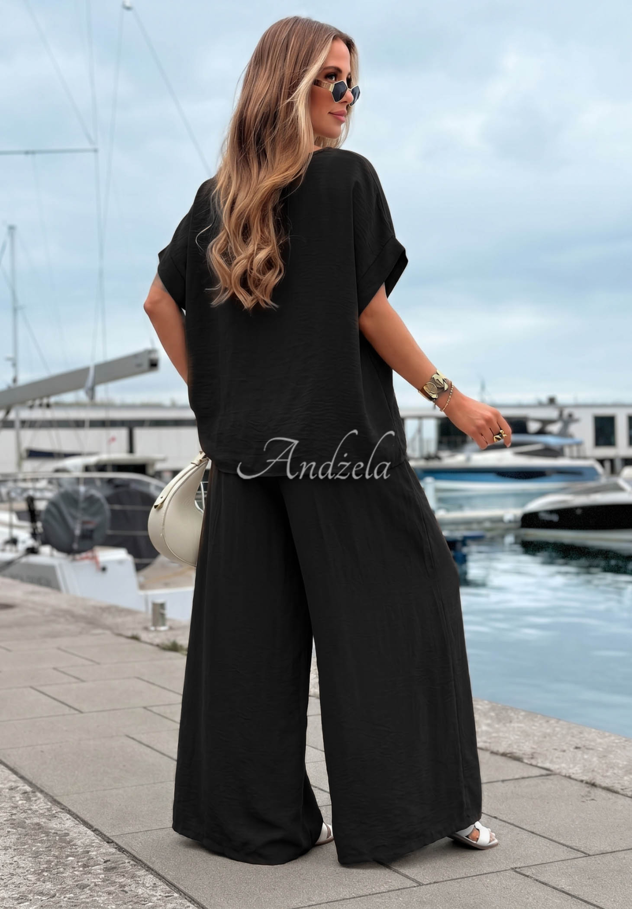 Wiskozowy komplet bluzka oversize i spodnie wide leg Amalfi Getaway czarny