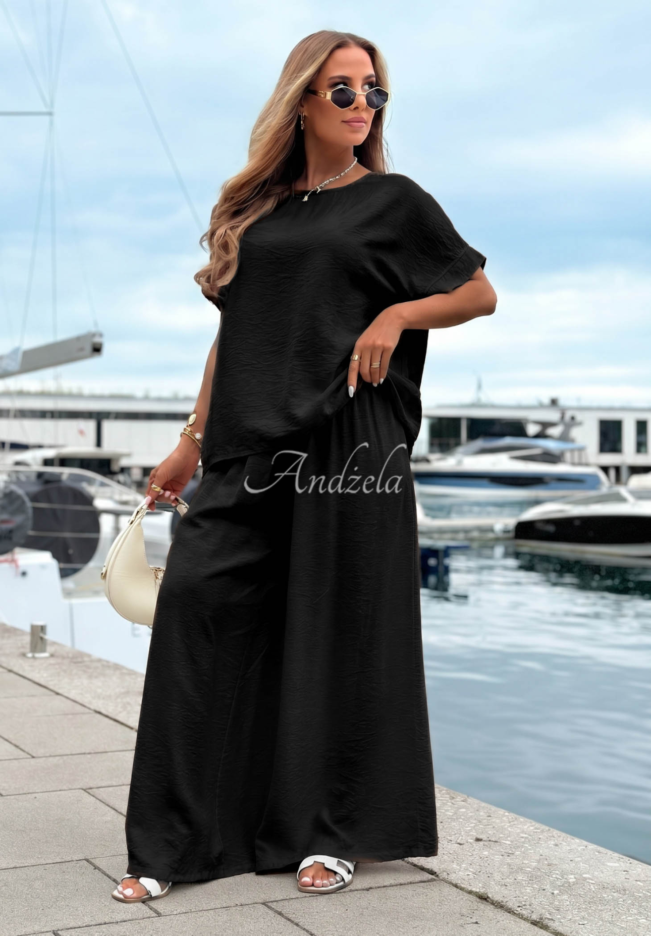 Viscose set: oversized blouse and wide-leg pants, Amalfi Getaway, black