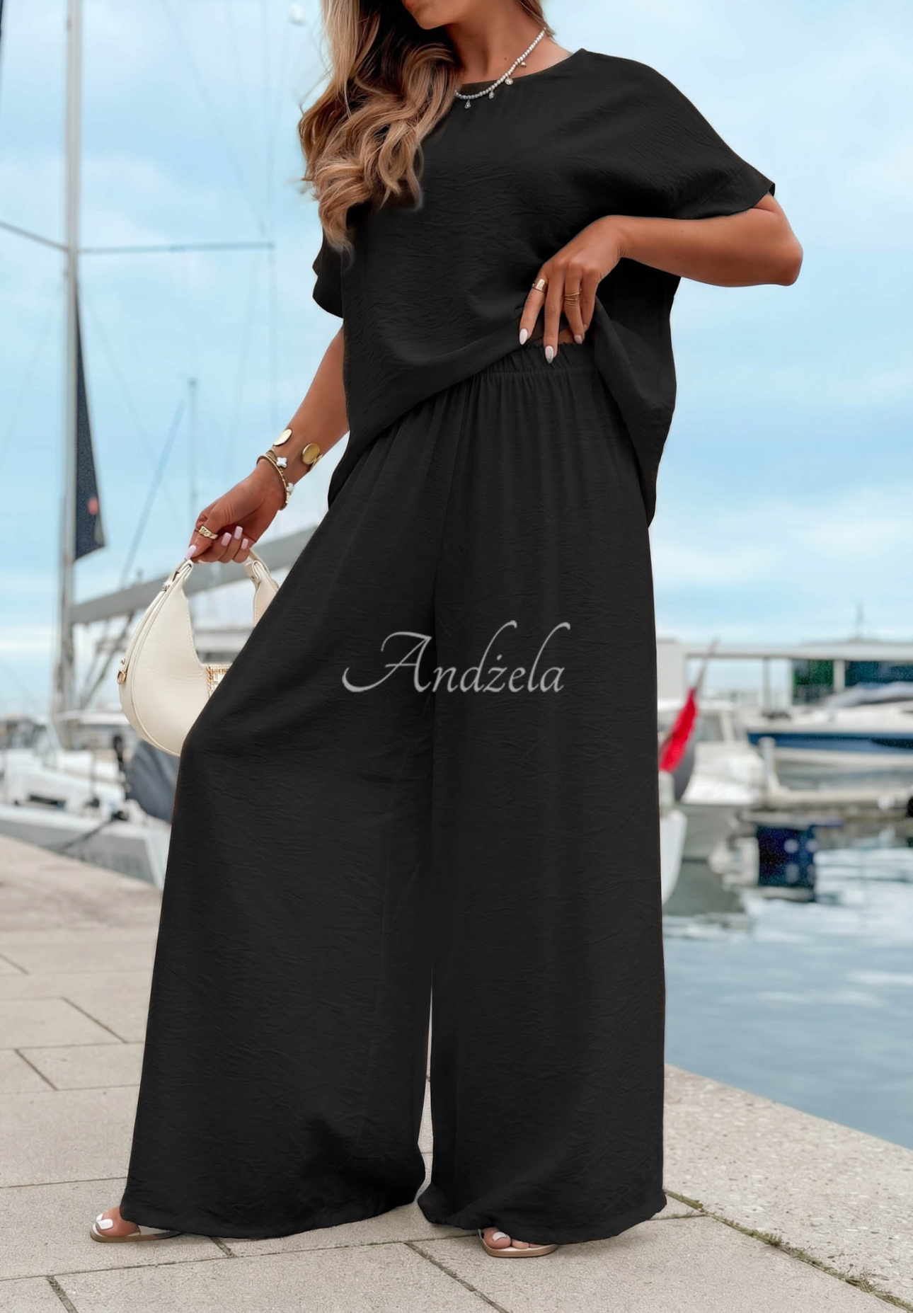 Viscose set: oversized blouse and wide-leg pants, Amalfi Getaway, black