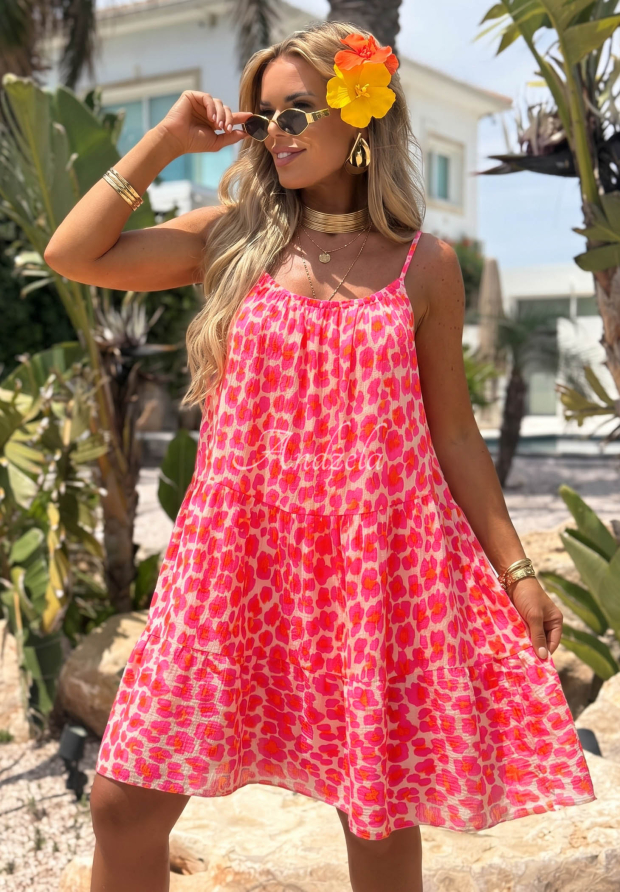 Sunset Panther Neon Pink Leopard-Print Muslin Mini Dress with Spaghetti Straps