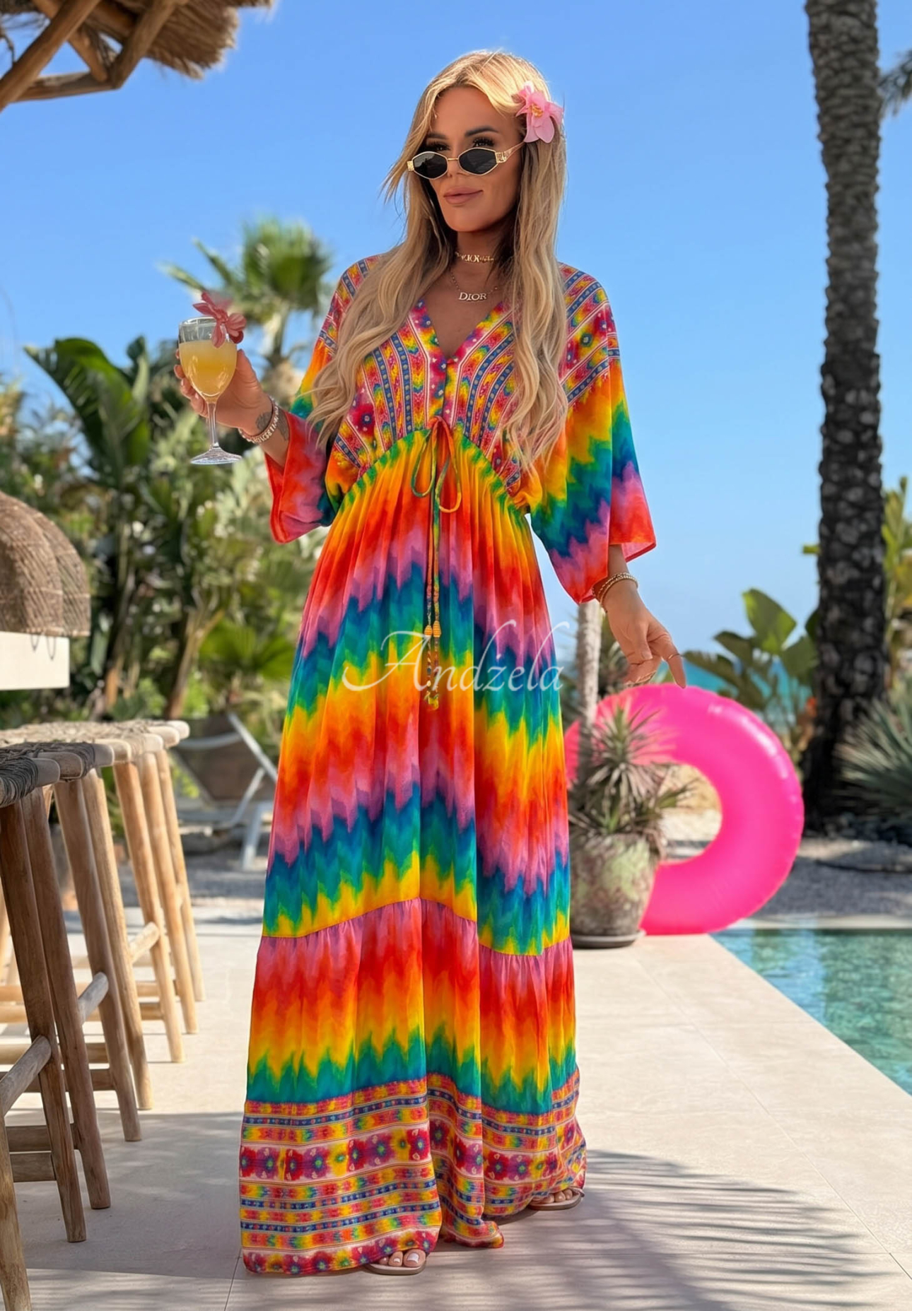 Wiskozowa sukienka maxi w kolorowe wzory Rainbow Soul pomarańczowo-różowa