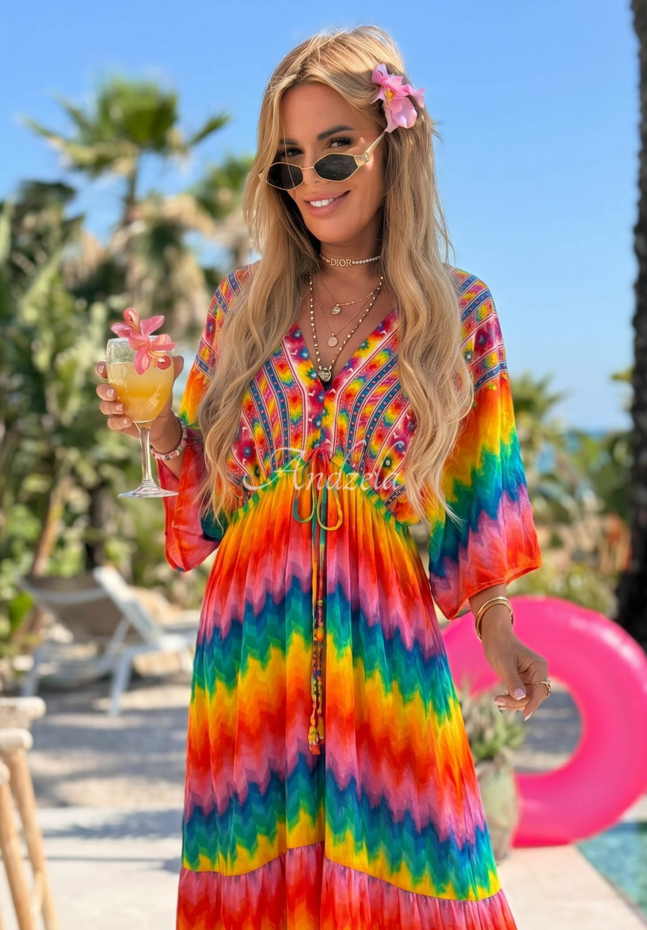 Wiskozowa sukienka maxi w kolorowe wzory Rainbow Soul pomarańczowo-różowa