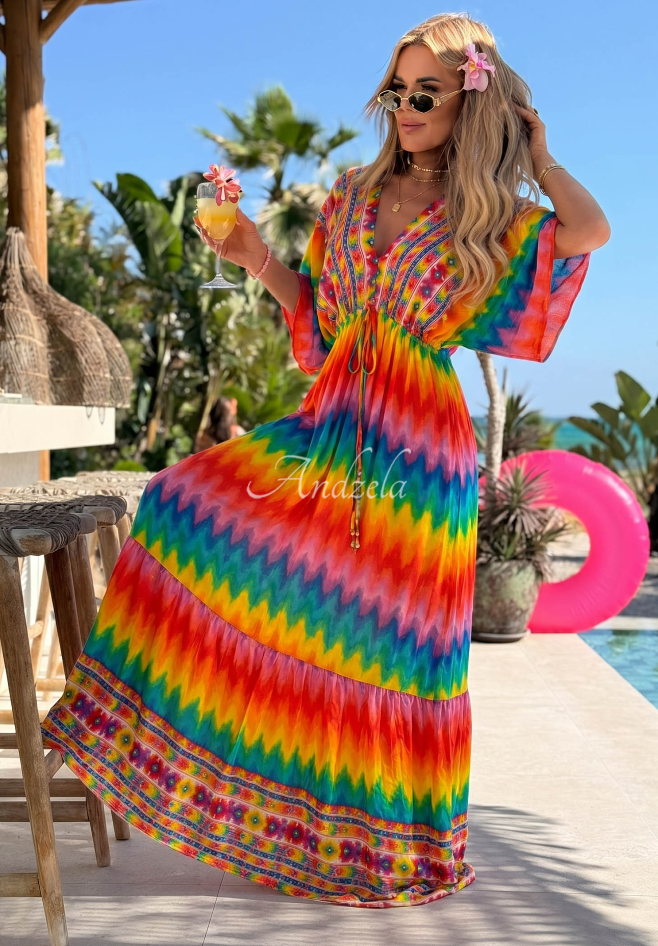 Rainbow Soul orange-and-pink viscose maxi dress with colorful patterns