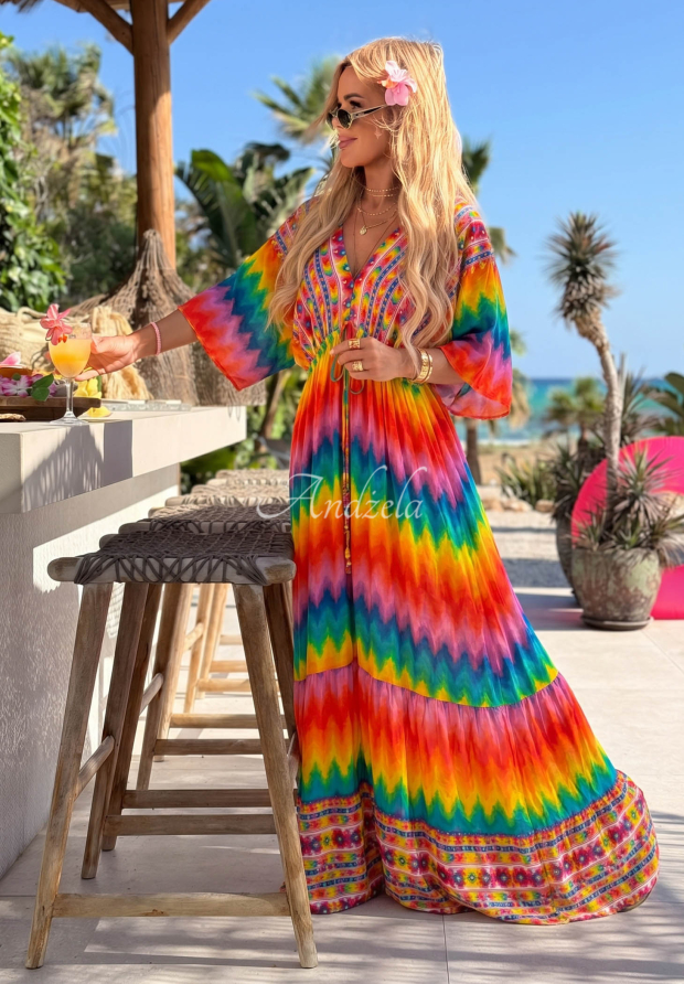 Wiskozowa sukienka maxi w kolorowe wzory Rainbow Soul pomarańczowo-r&oacute;żowa