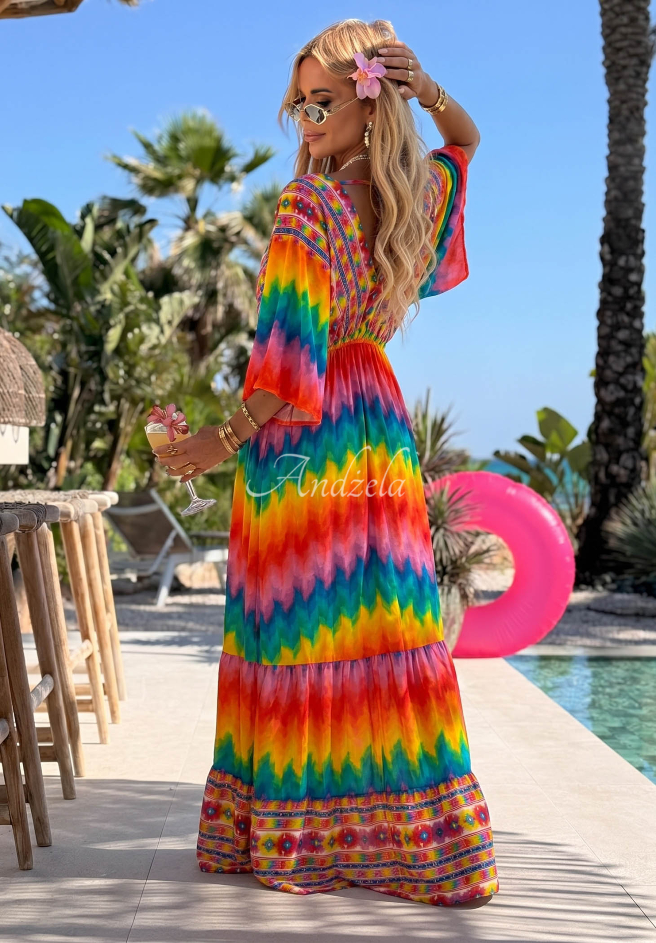 Rainbow Soul orange-and-pink viscose maxi dress with colorful patterns