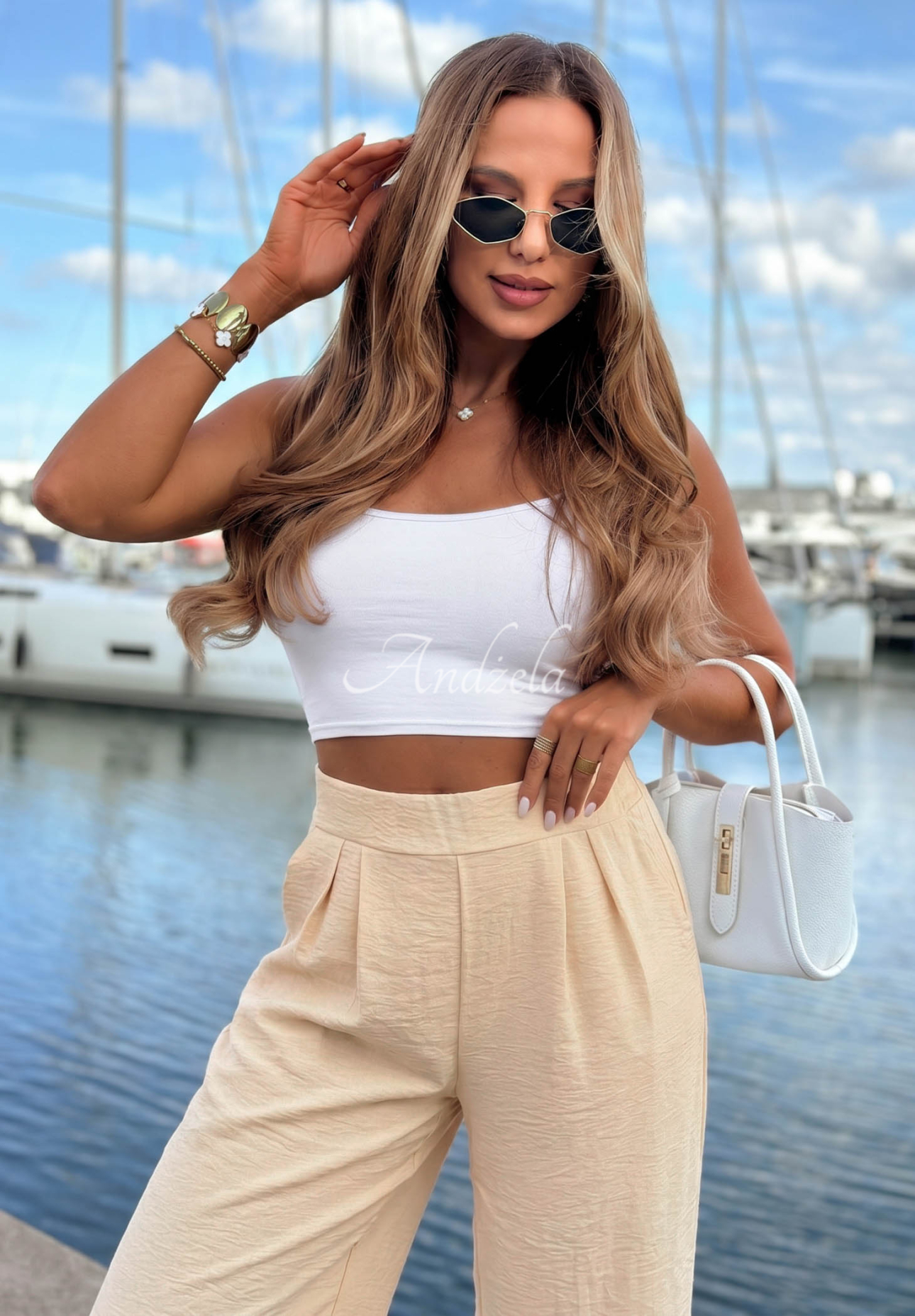 Answear Beige Viscose Pants with Drawstring at the Bottom