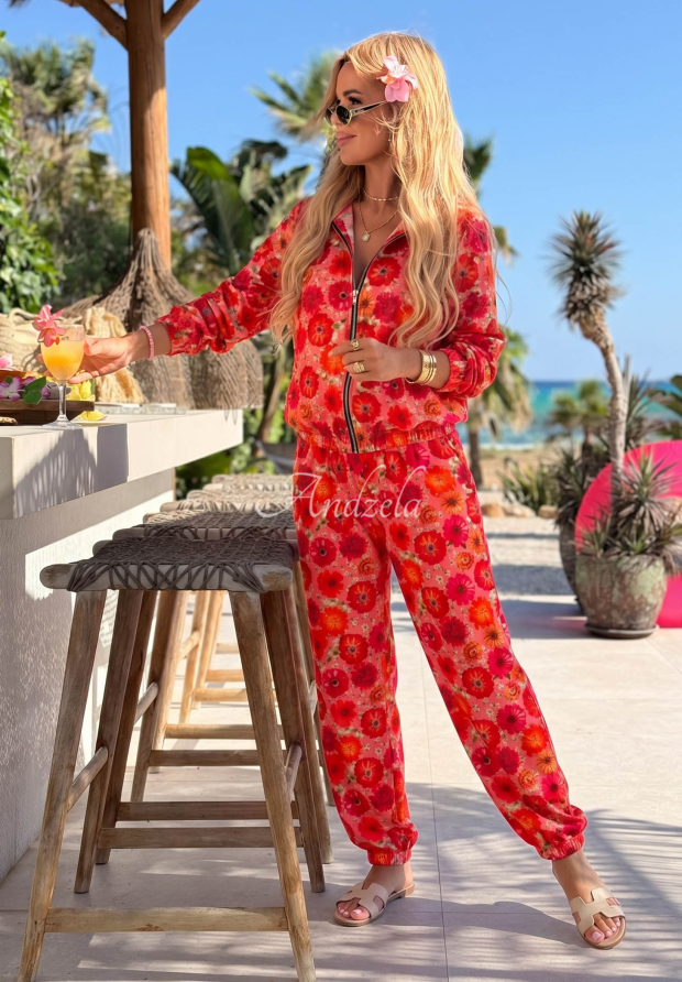 Kwiecisty komplet bluza bomberka i spodnie joggery z wiskozą Blooming Summer r&oacute;żowo-pomarańczowy