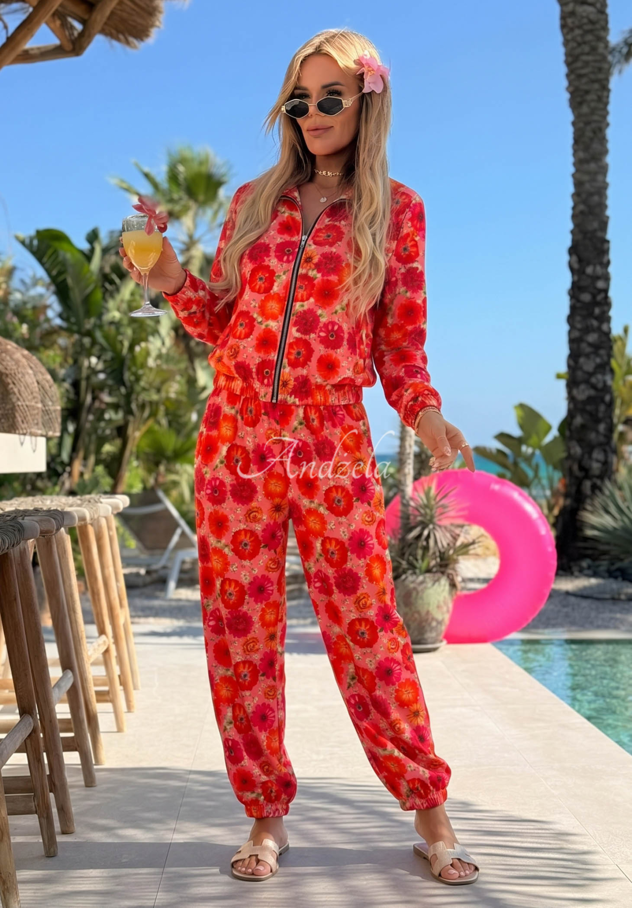 Floral bomber jacket and jogger pants set with viscose from Blooming Summer in pink and orange