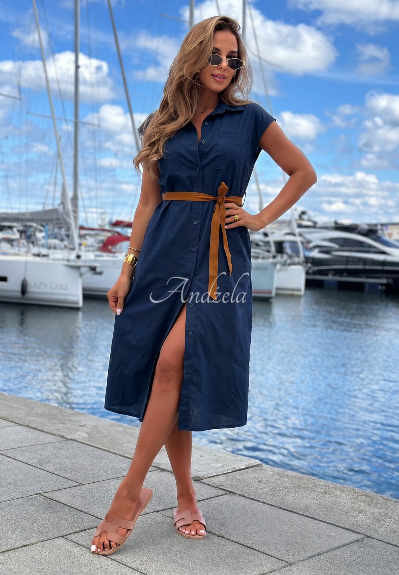 Let's Sail Navy Blue Cotton Shirt Dress with Belt