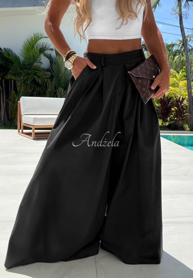Materiałowe spodnie wide leg szwedy z bawełny Sea Elegance czarne