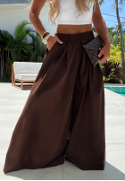 Materiałowe spodnie wide leg szwedy z bawełny Sea Elegance czekoladowe