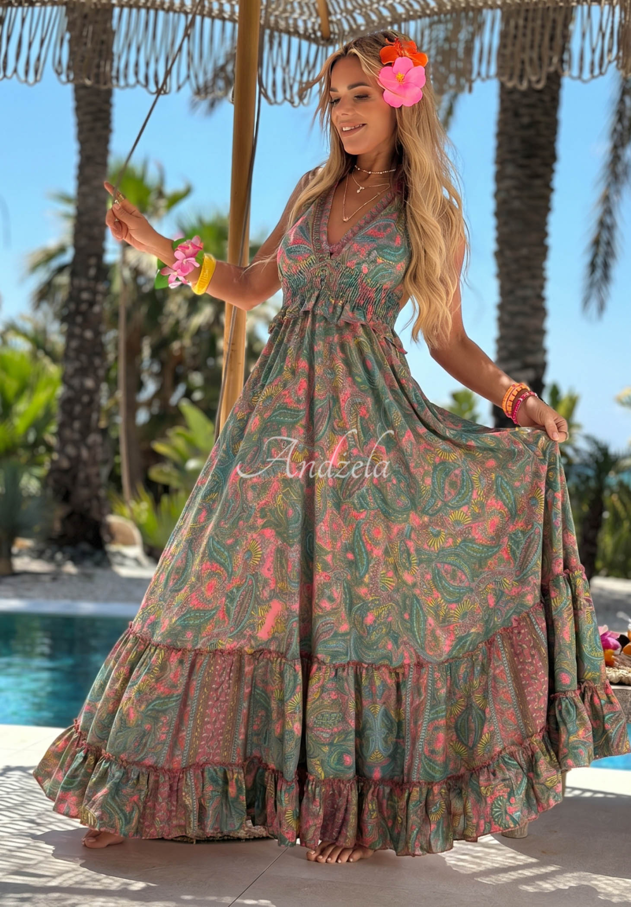 Wzorzysta sukienka maxi z wiskozy Summer Bliss miętowo-różowa