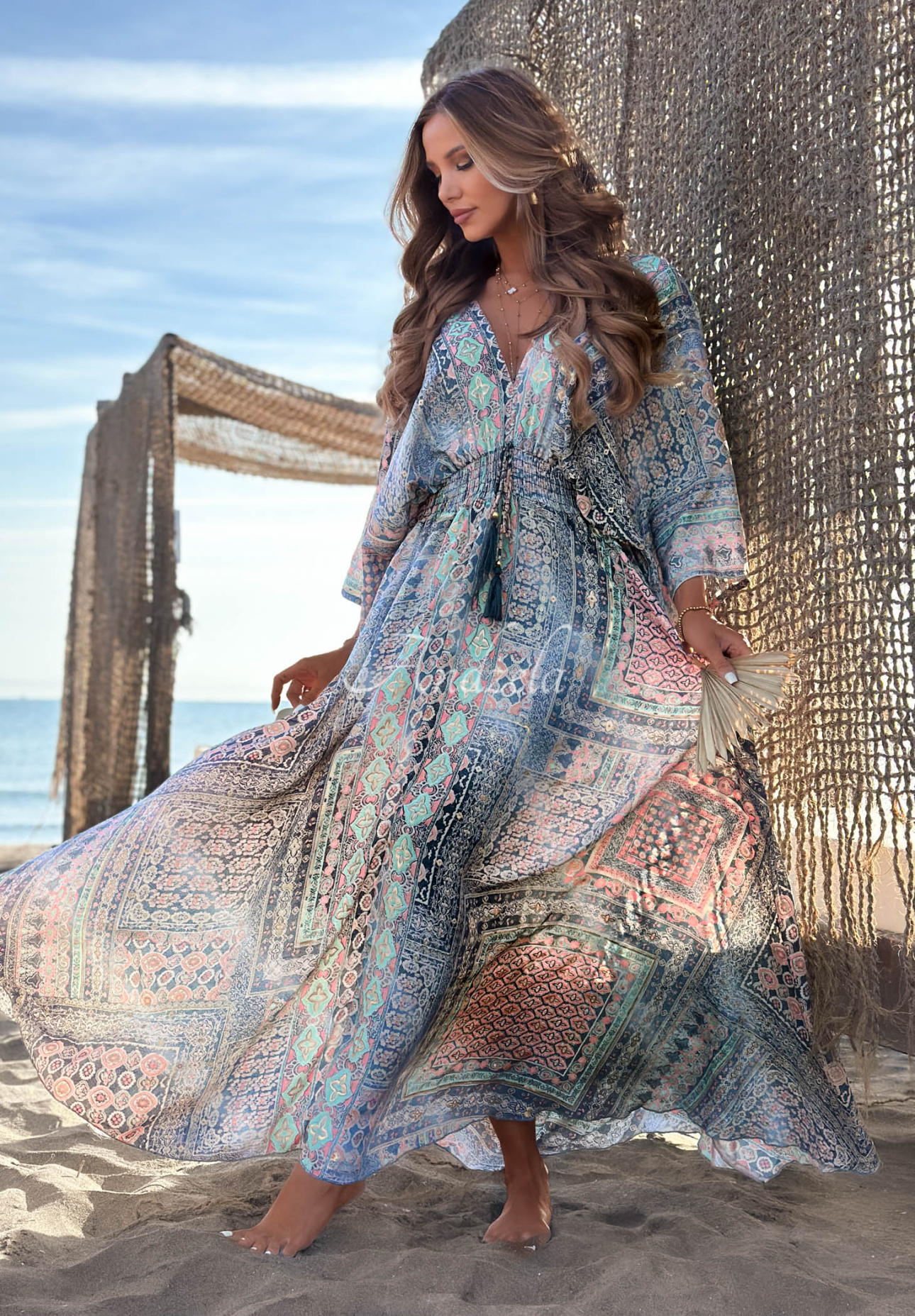 Sun Rituals Navy Blue Patterned Maxi Dress with Wide Sleeves