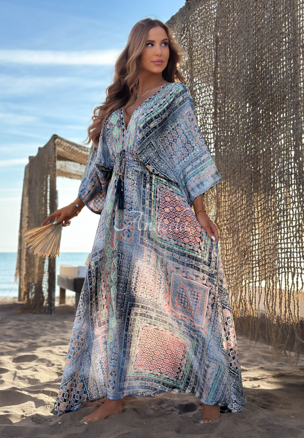 Sun Rituals Navy Blue Patterned Maxi Dress with Wide Sleeves