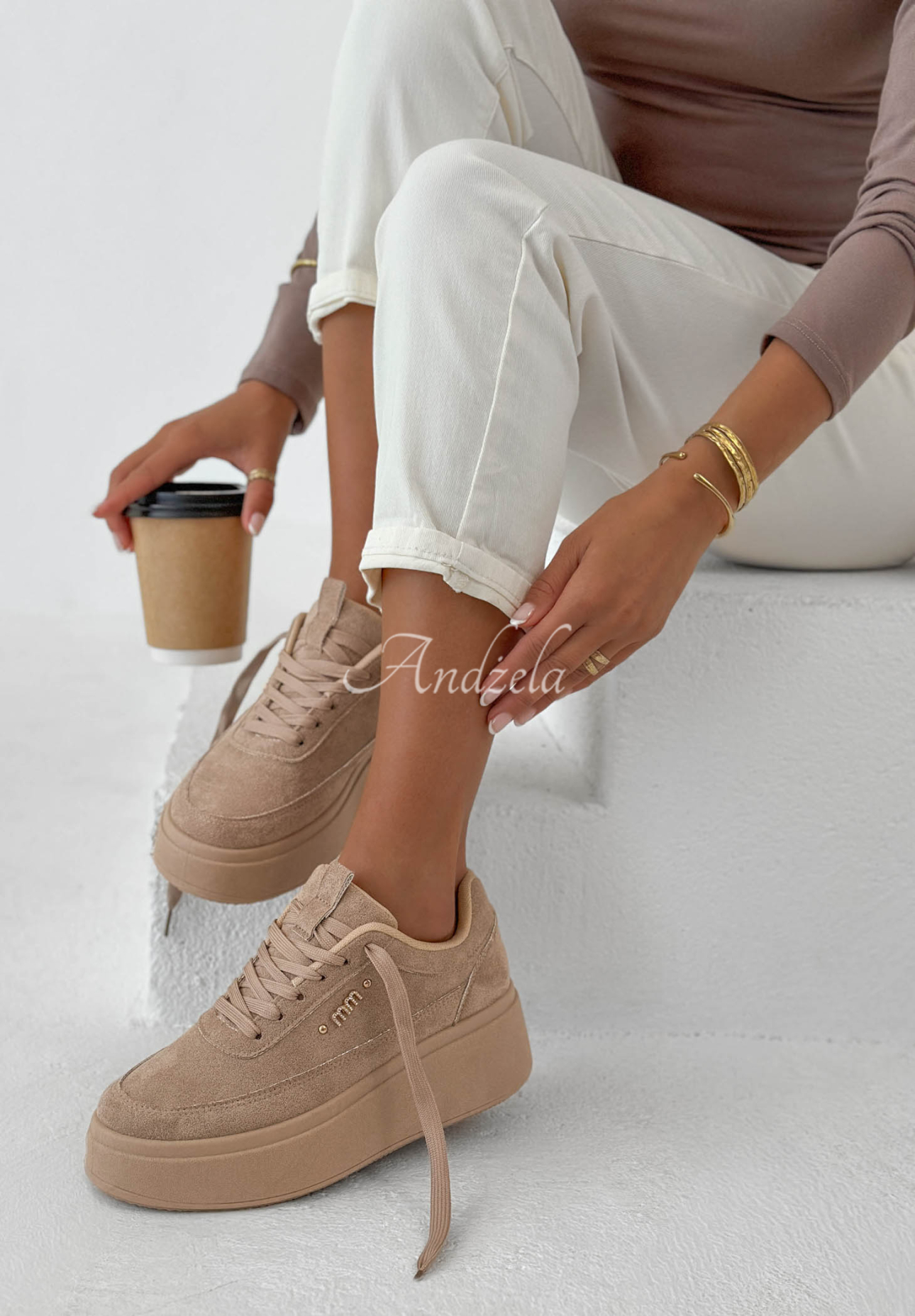 Just Us suede sneakers with a platform sole in mocha