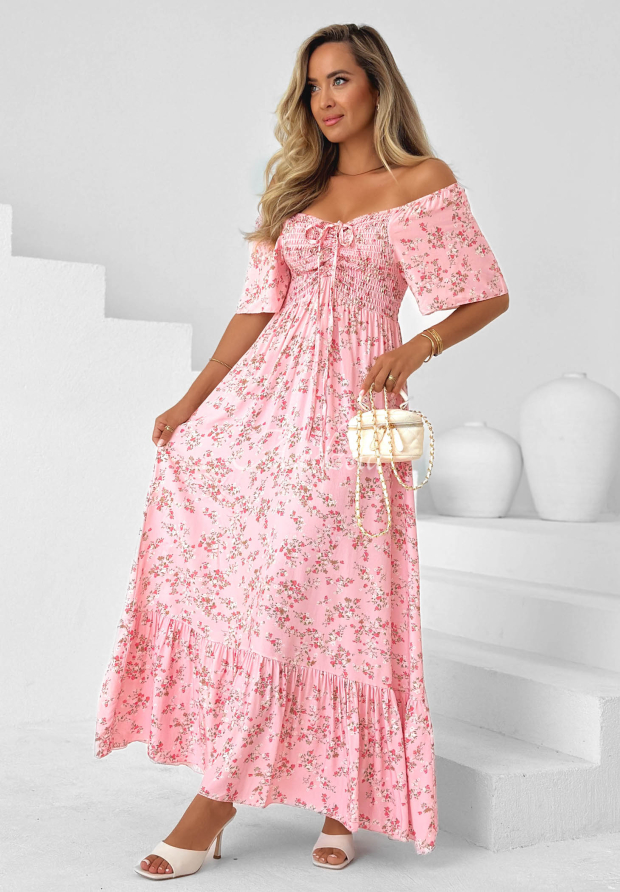 Summer Garden Light Pink Floral Viscose Dress with Tie and Ruffles